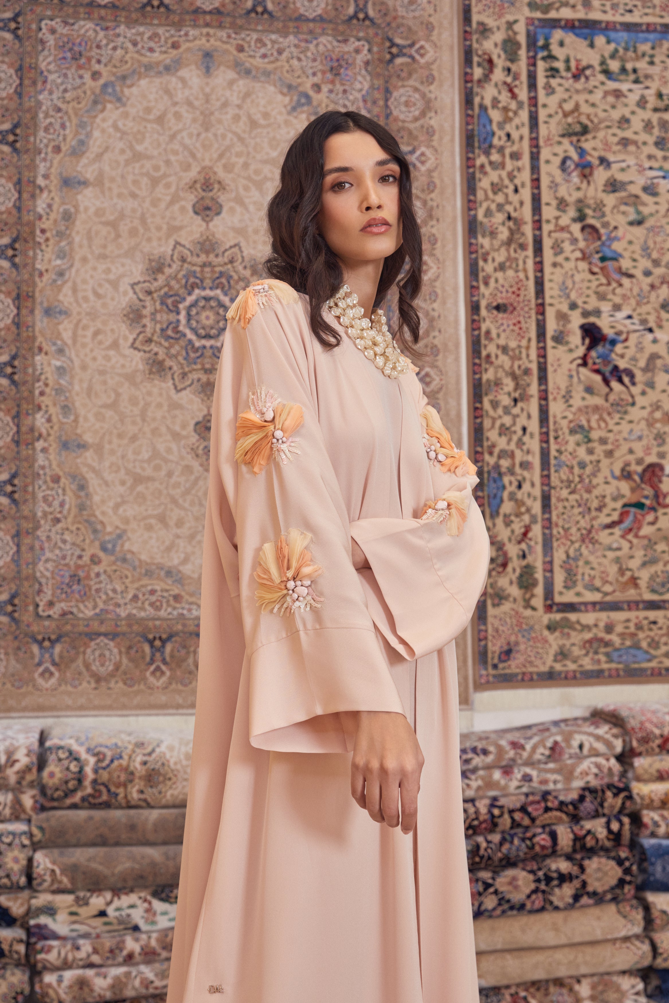 Baby Pink Silk Crepe Abaya with Petal Embroidery on Arms