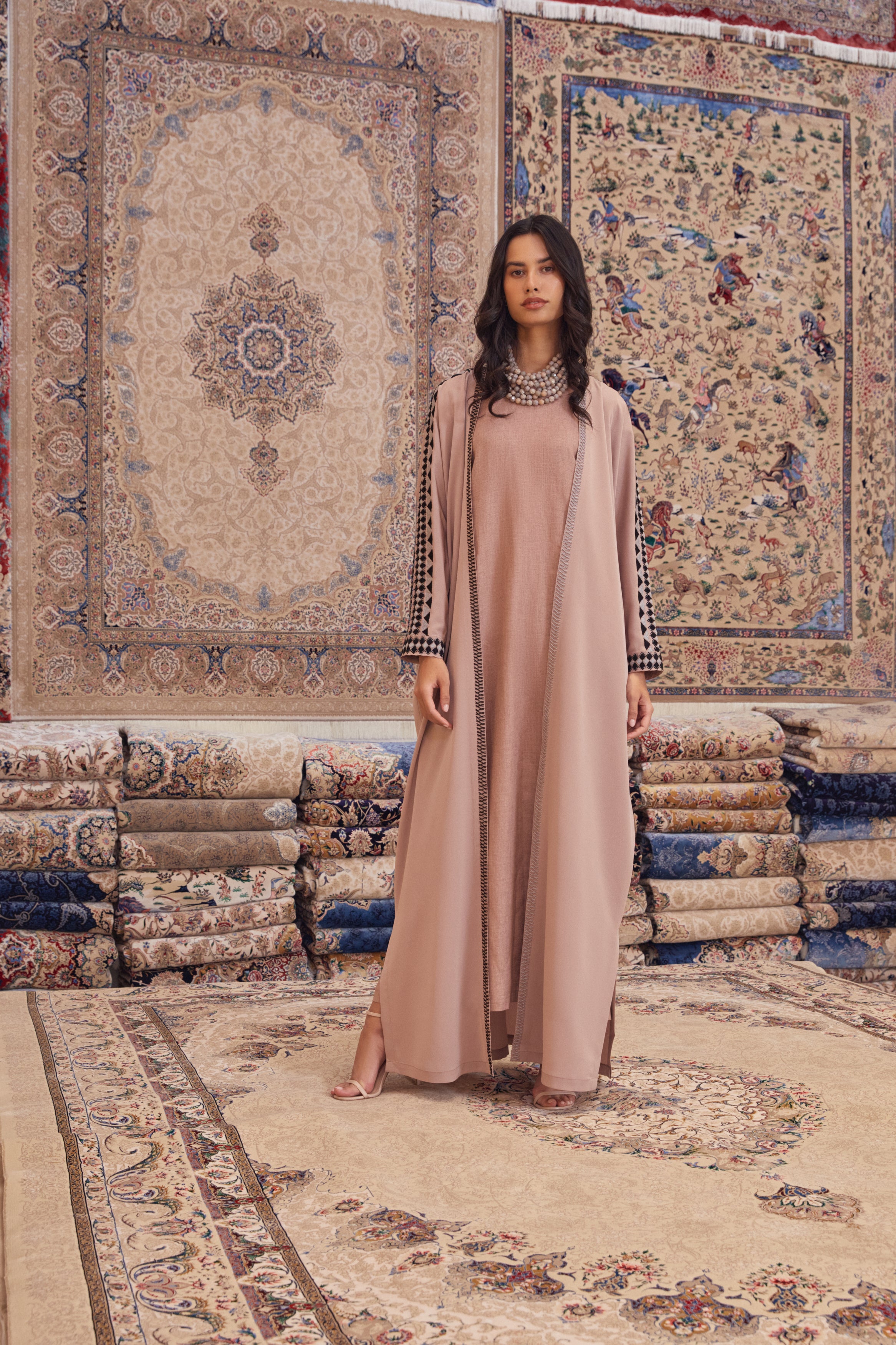 Dusty Rose Silk Crepe with Geometric Hand Embroidery on Arms