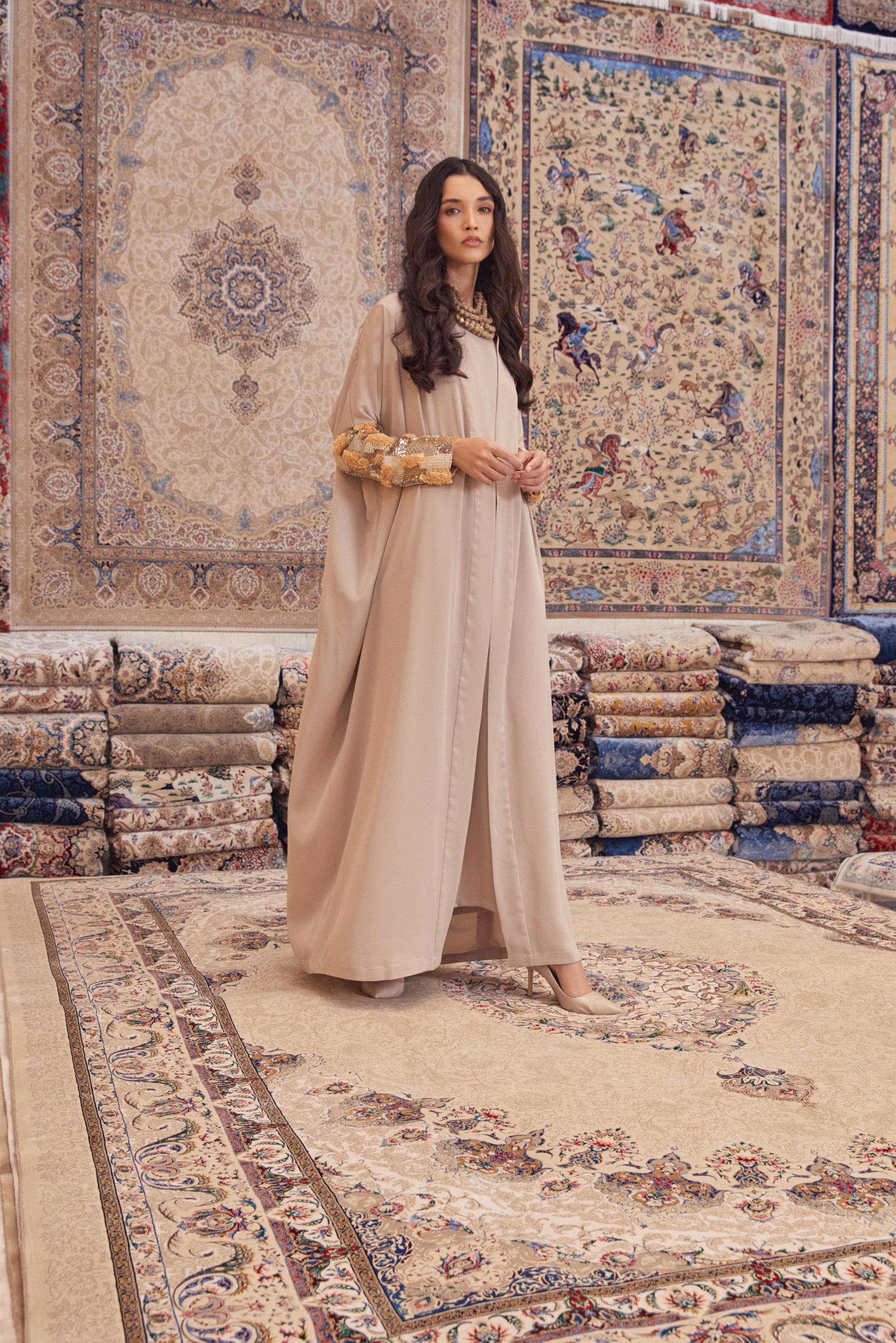 Beige Silk Crepe with Hand Embroidery on Sleeves