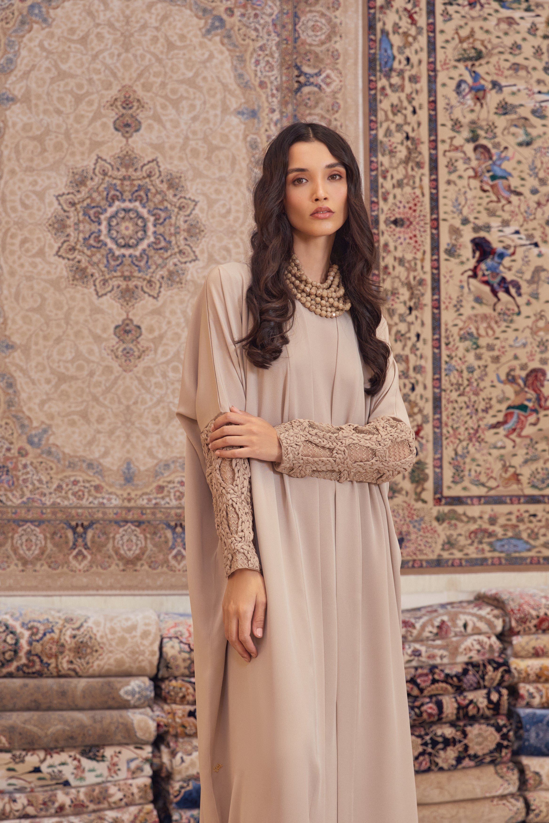 Beige Silk Crepe Abaya with Tulle Knotted Sleeves