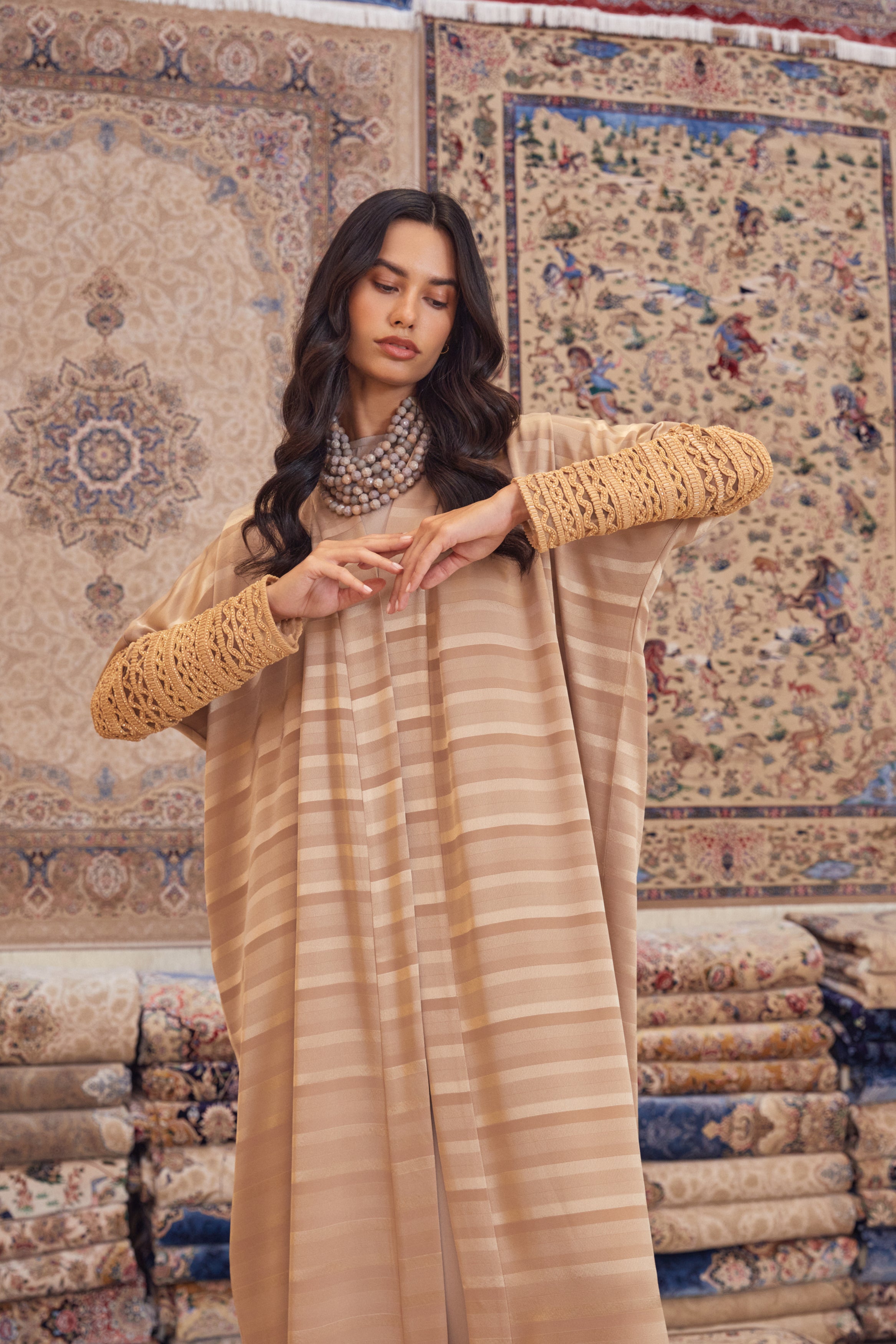 Striped Gold Crepe with Hand Embroidery on Sleeves