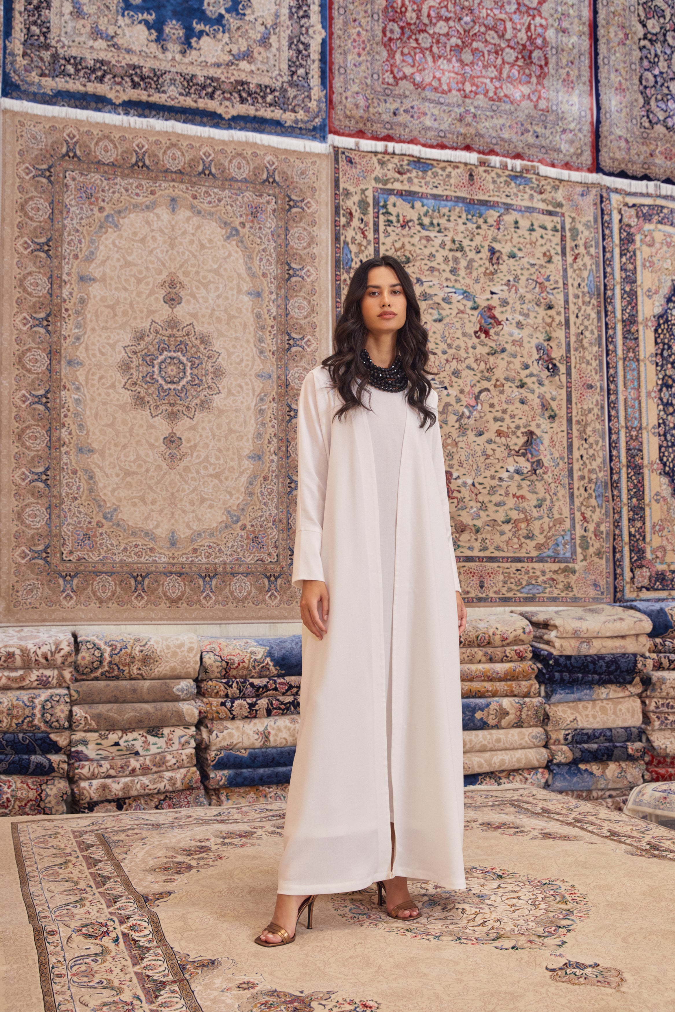 Off White Crepe Abaya with Organza Back Panel