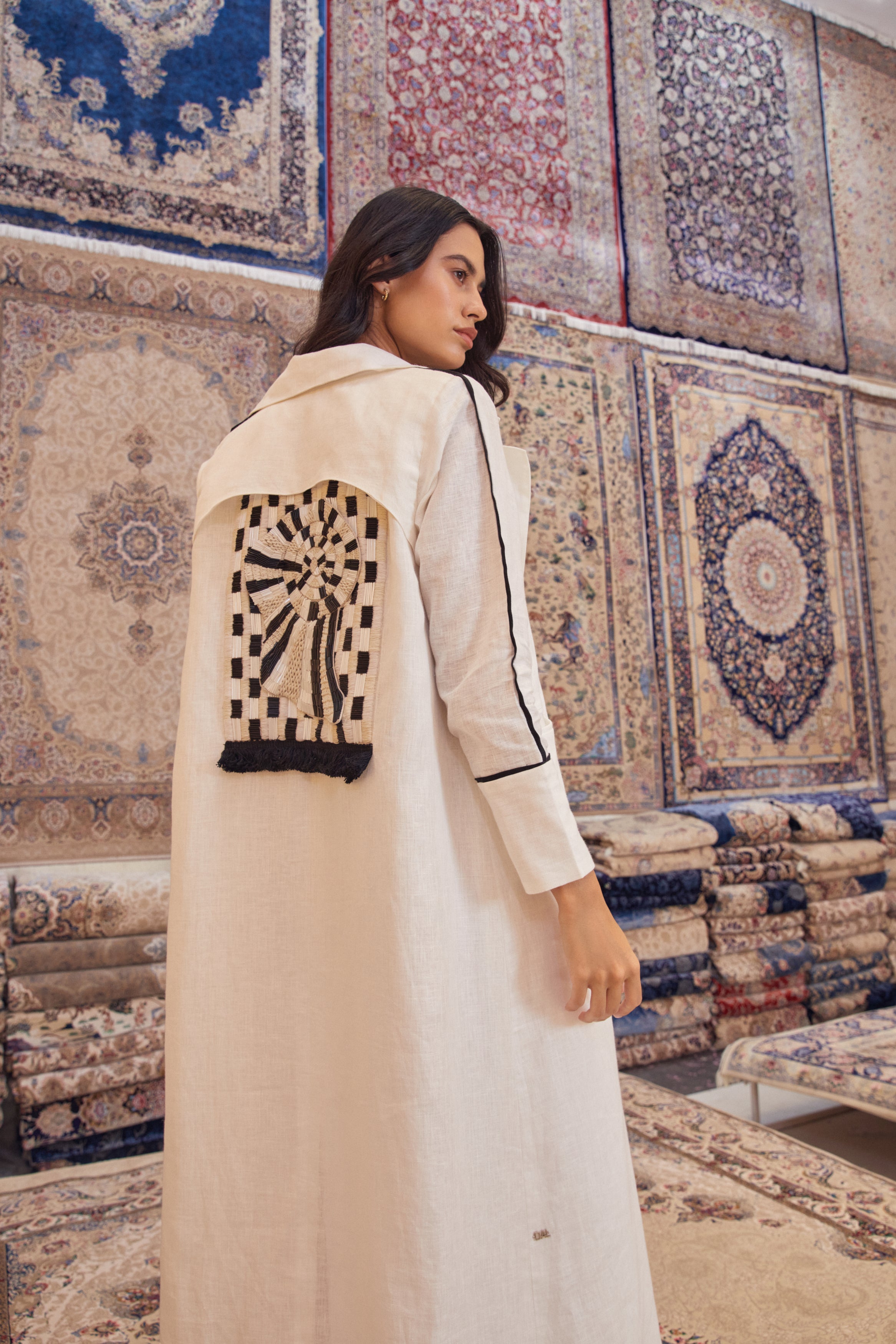 White Linen Coat with Back Embroidery