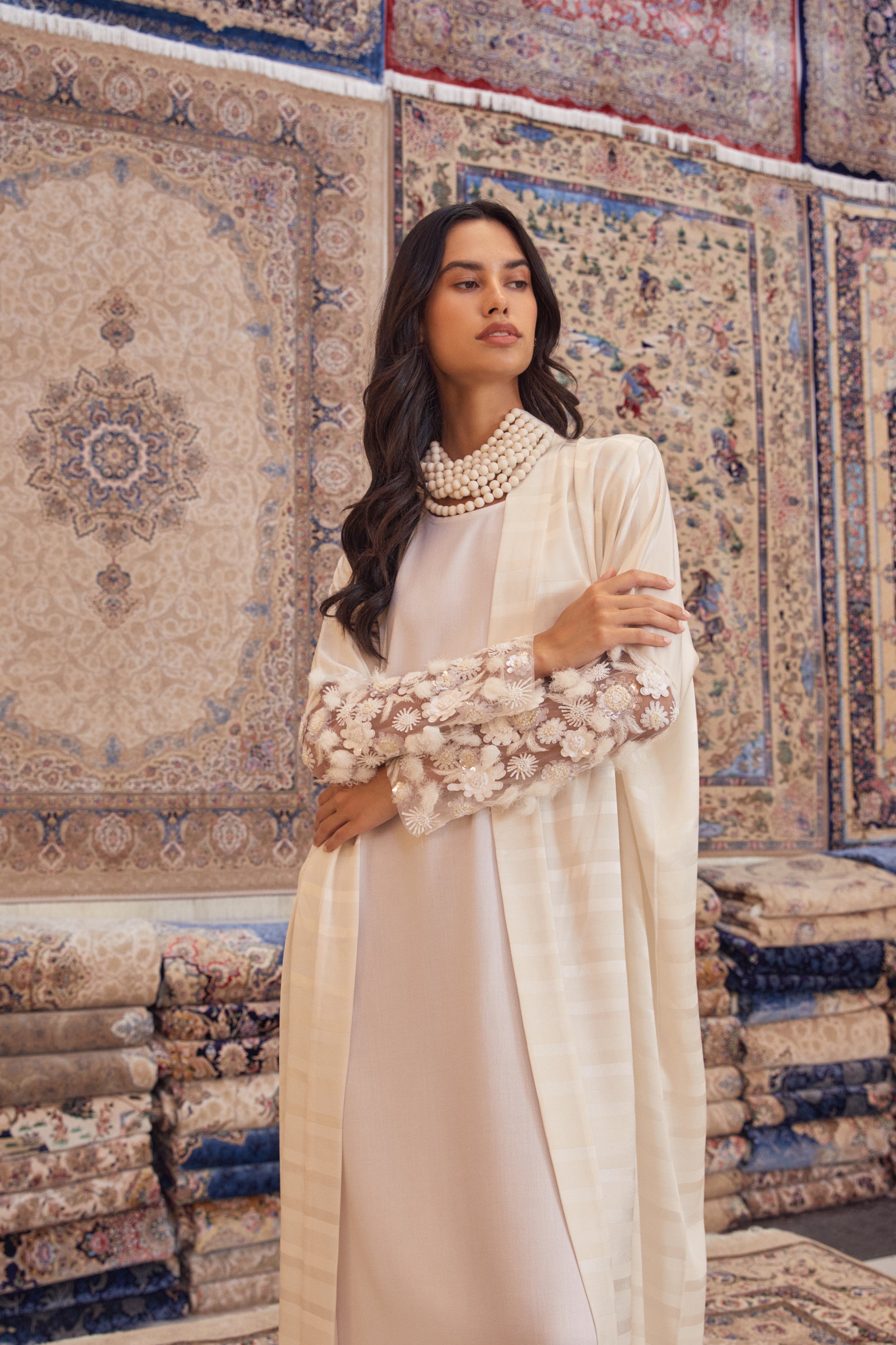 Off White Striped Crepe with Hand Embroidery Sleeves