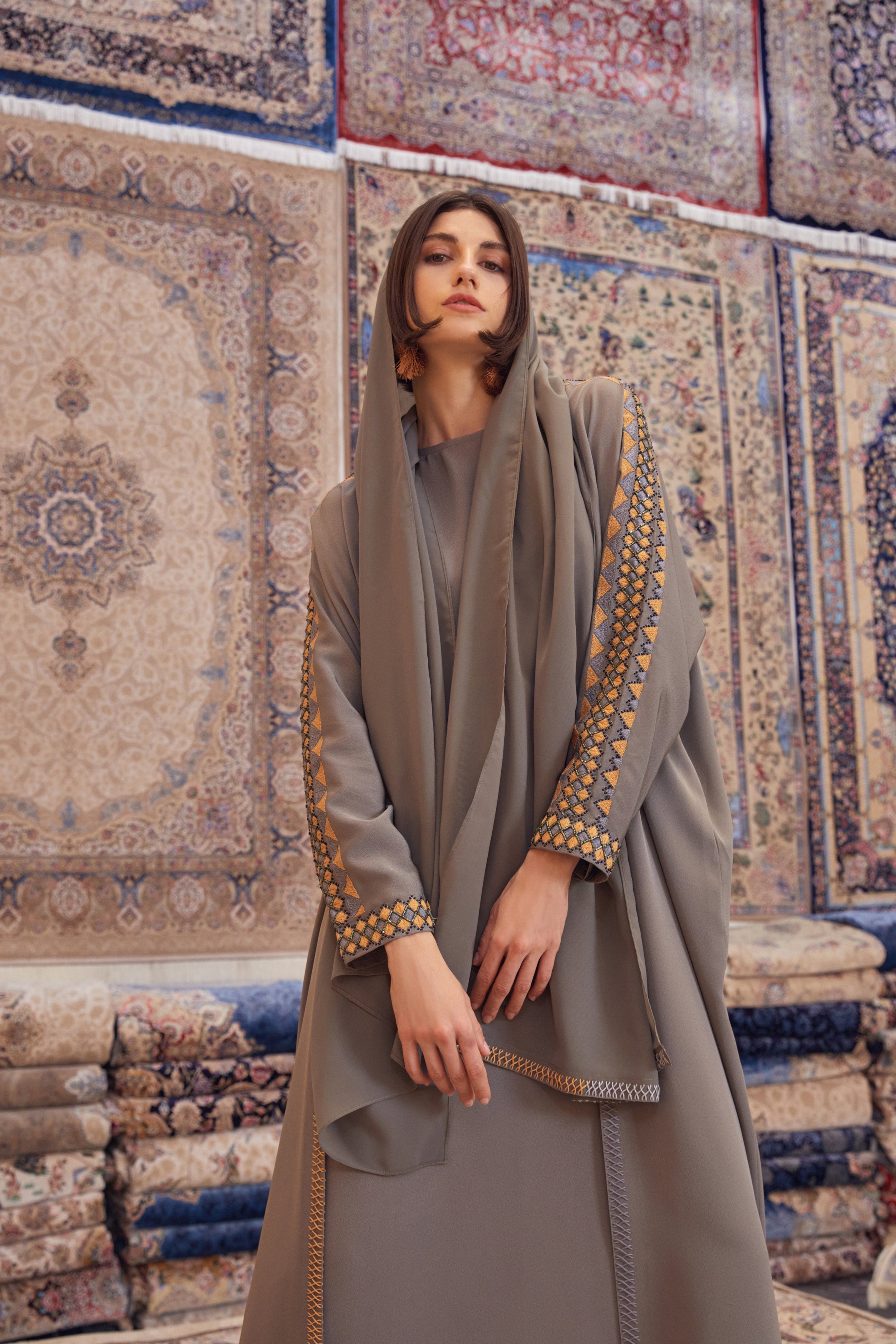 Sage Silk Crepe with Geometric Embroidery
