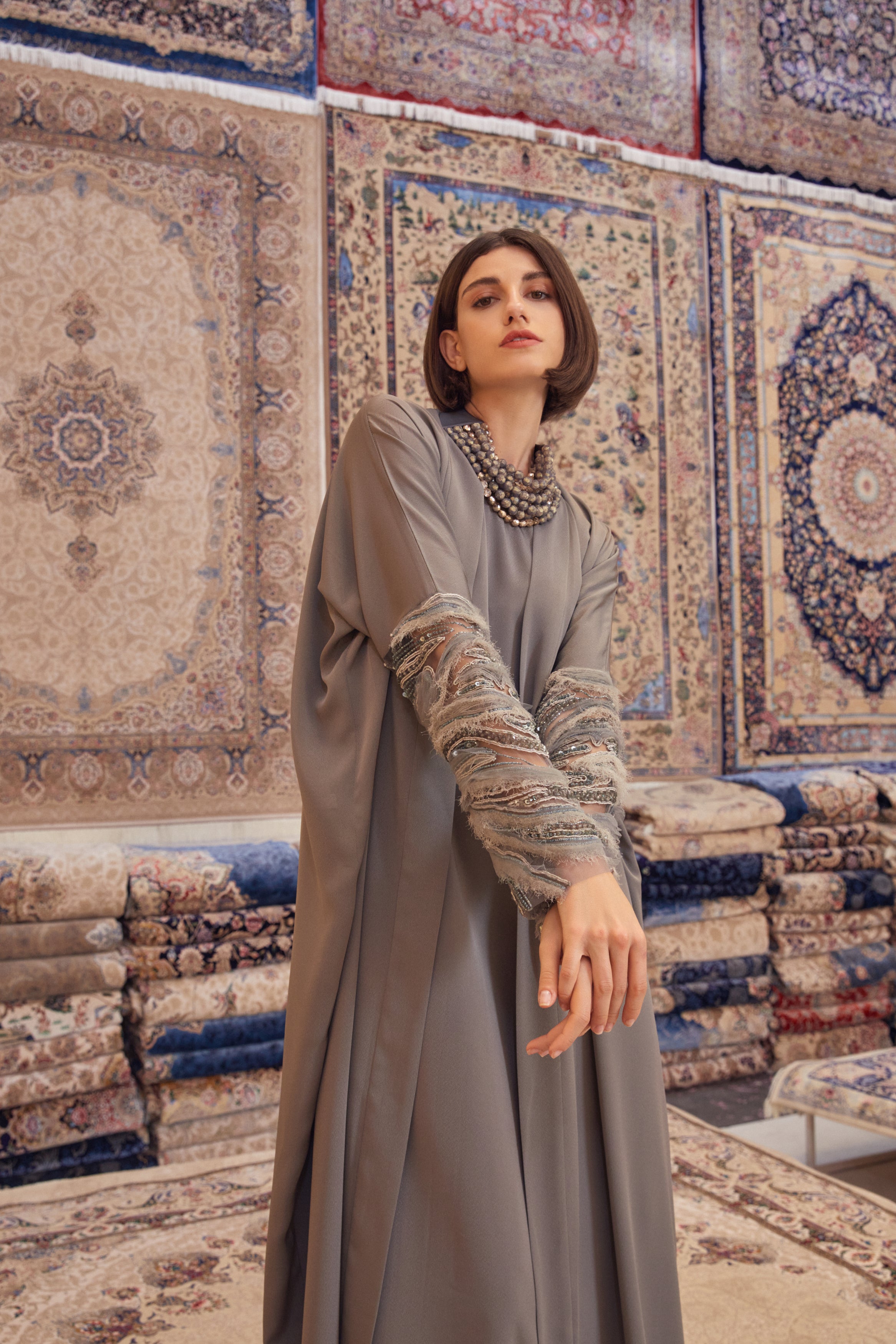 Sage Silk Crepe with Frill Sleeves Abaya