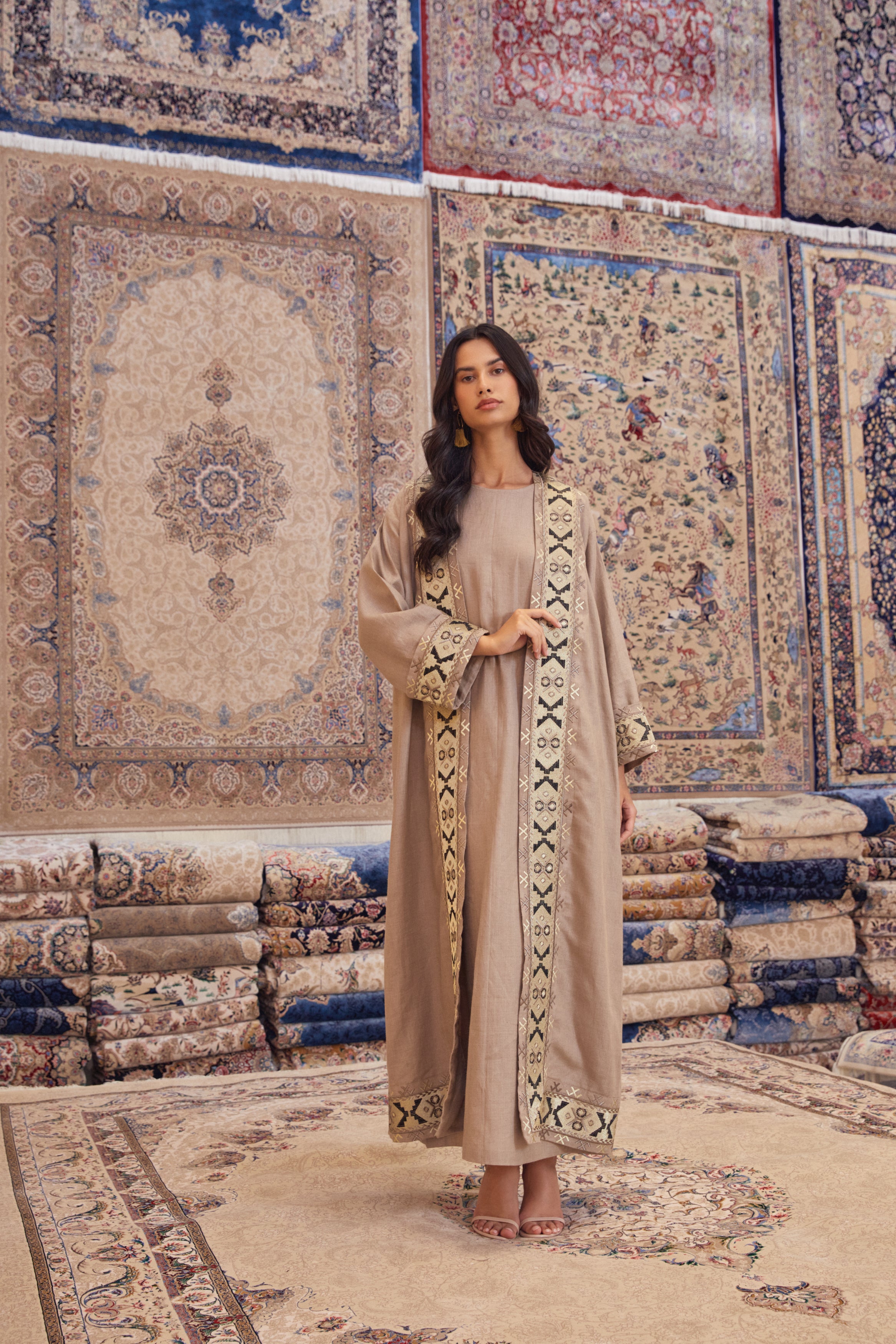 Latte Linen Metallic Embroidery Abaya