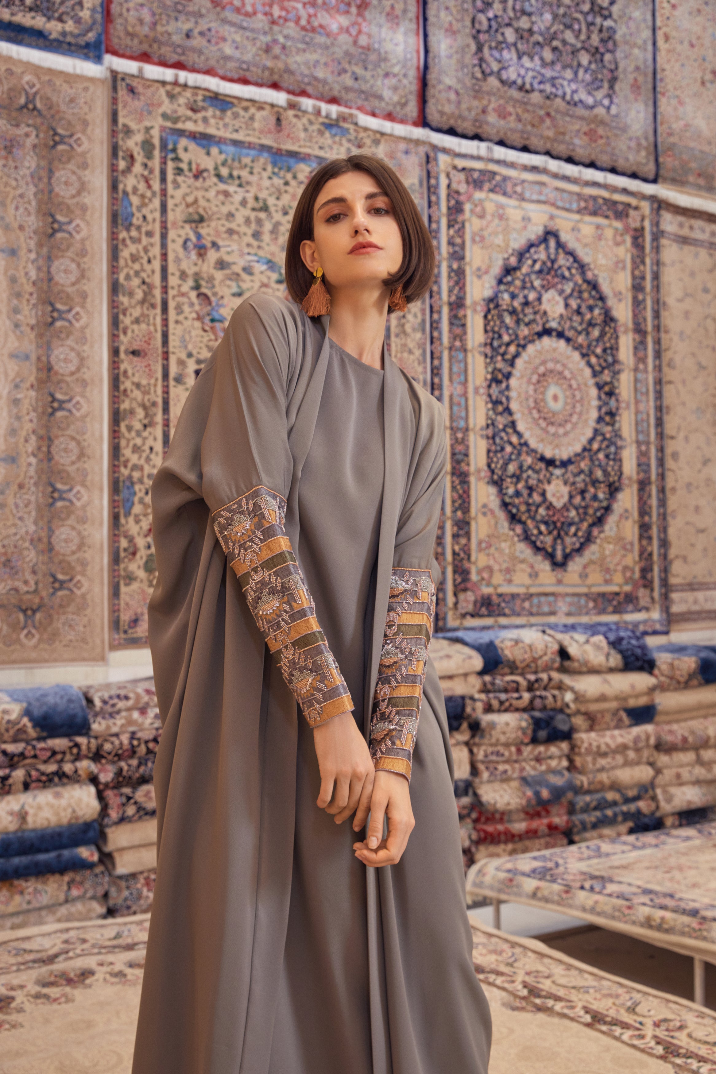 Sage Crepe with Tribal Sleeves Embroidery