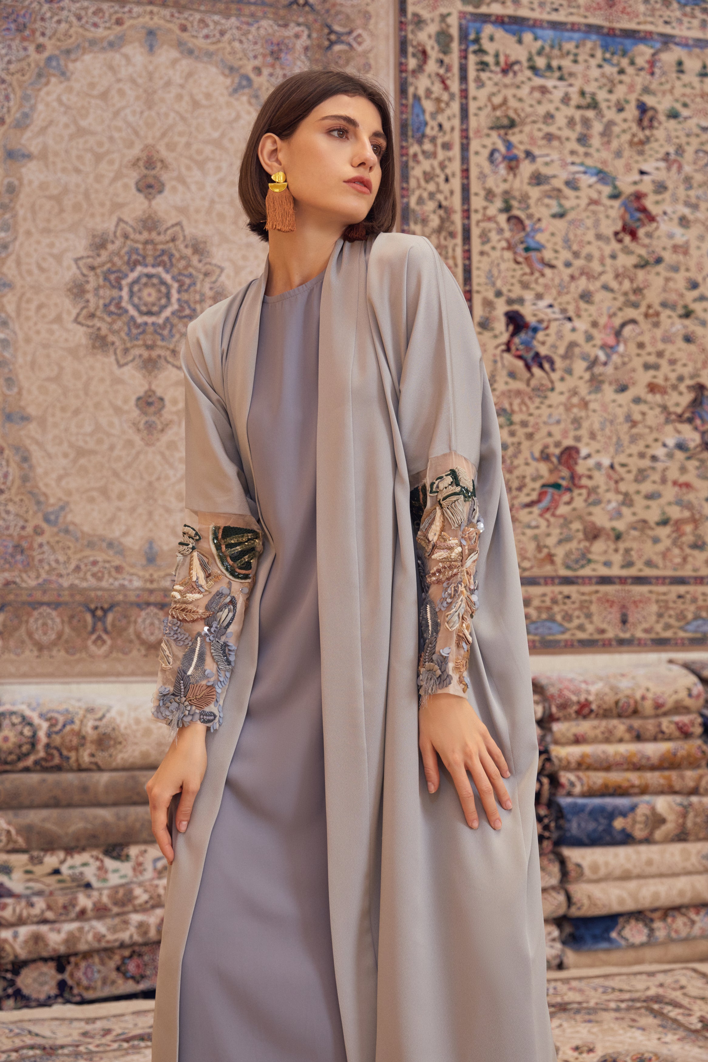 Mist Silk Crepe with Hand Embroidered Sleeves