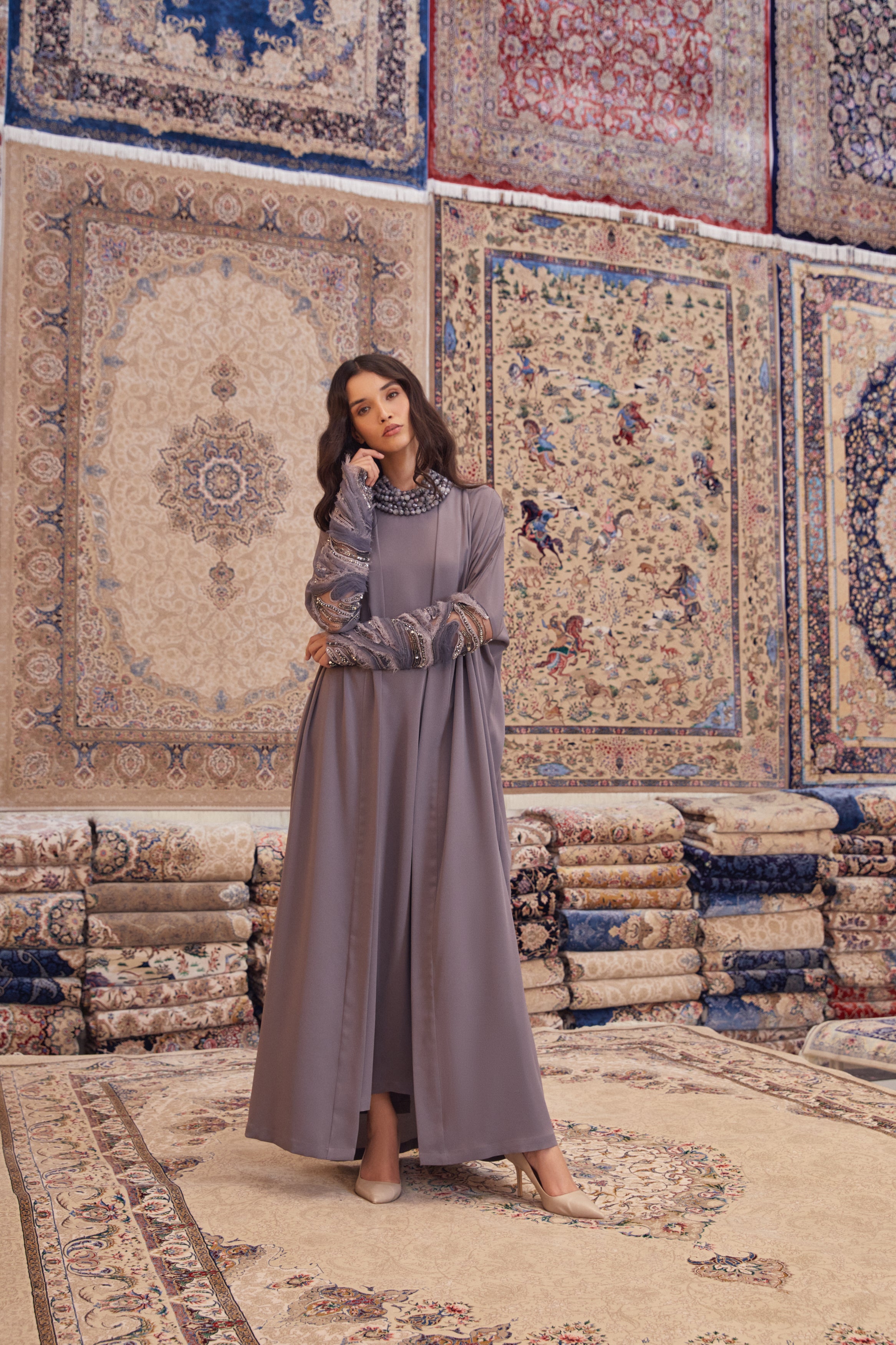 Gray Silk Crepe with Frill Embroidered Sleeves