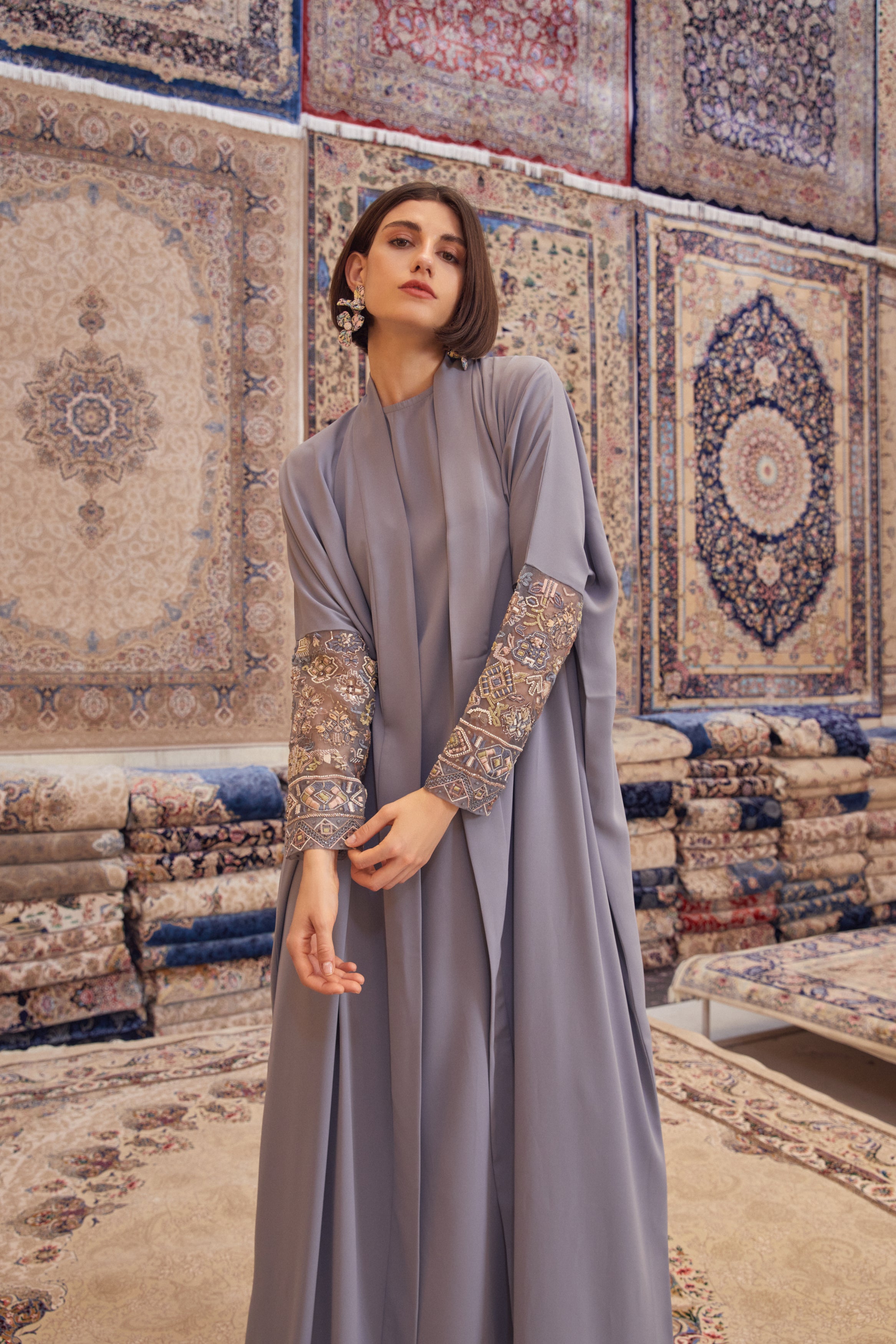 Light Gray Silk Crepe Abaya with Hand Embroidered Sleeves