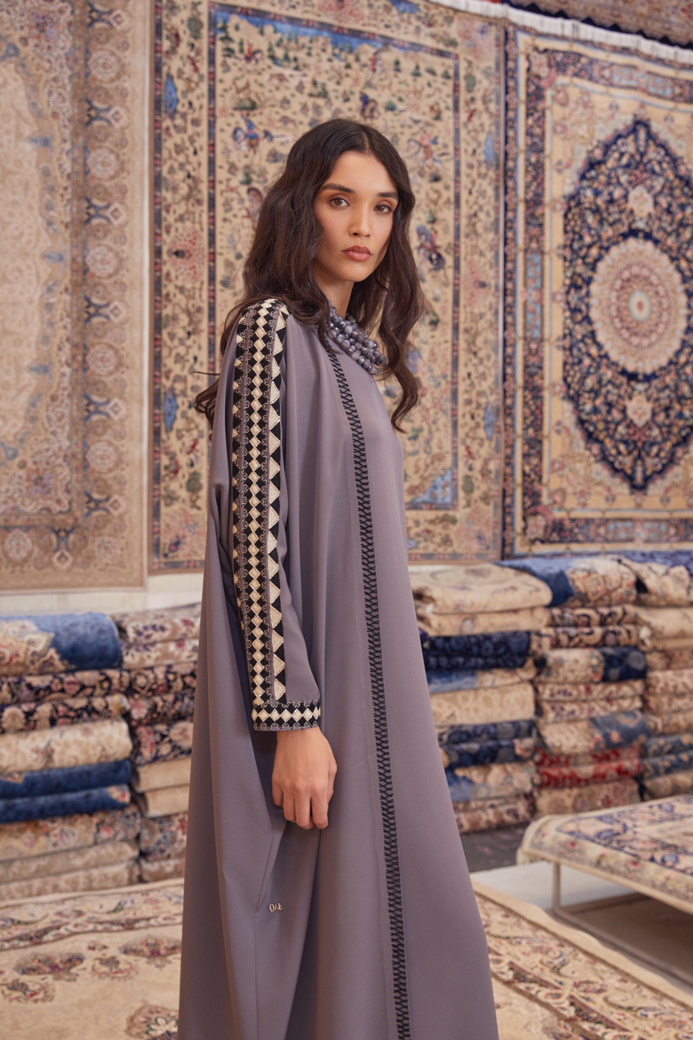 Gray Silk Crepe Abaya with Hand Embroidery on Arms