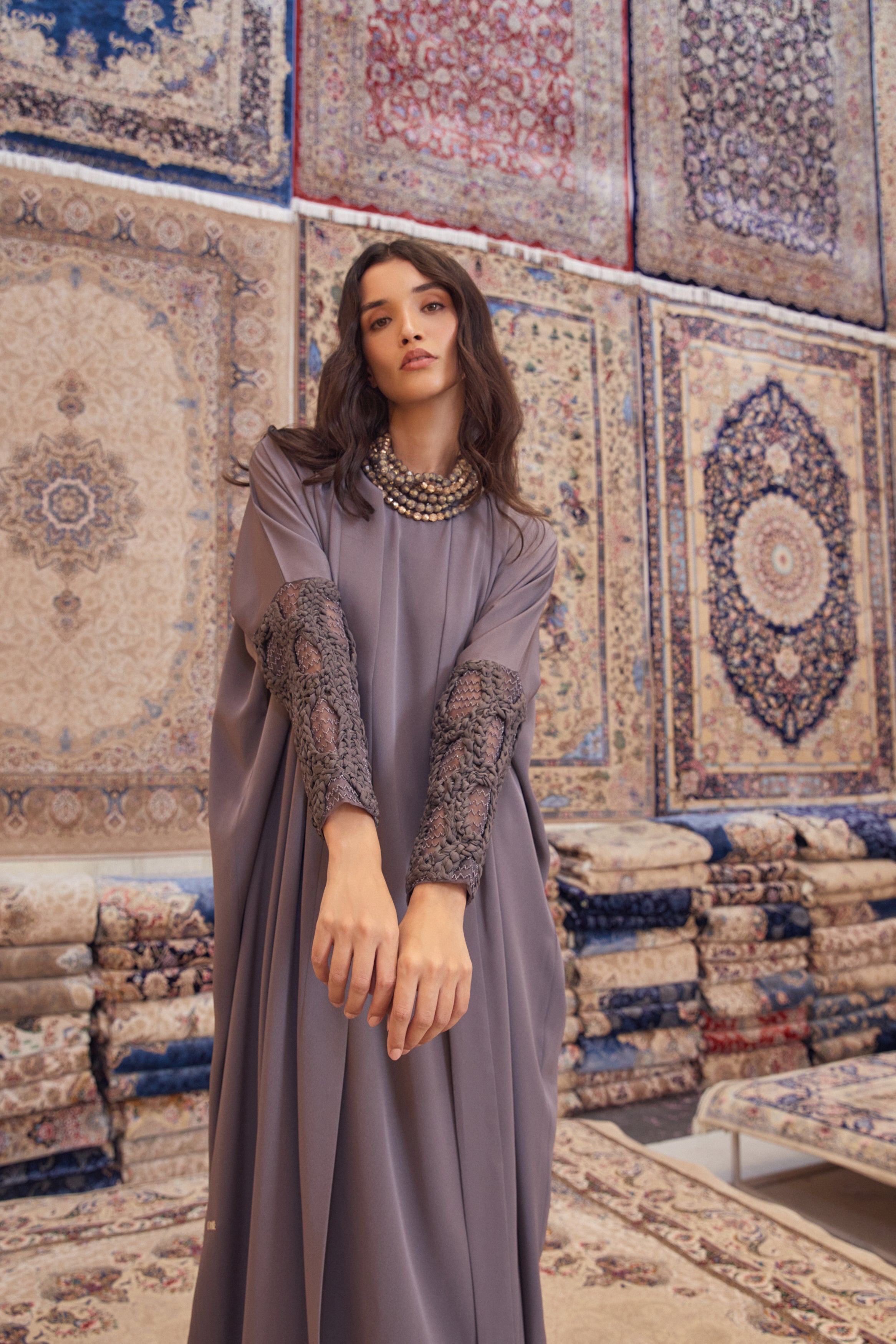Gray Crepe Abaya with Tulle Knotted Sleeves