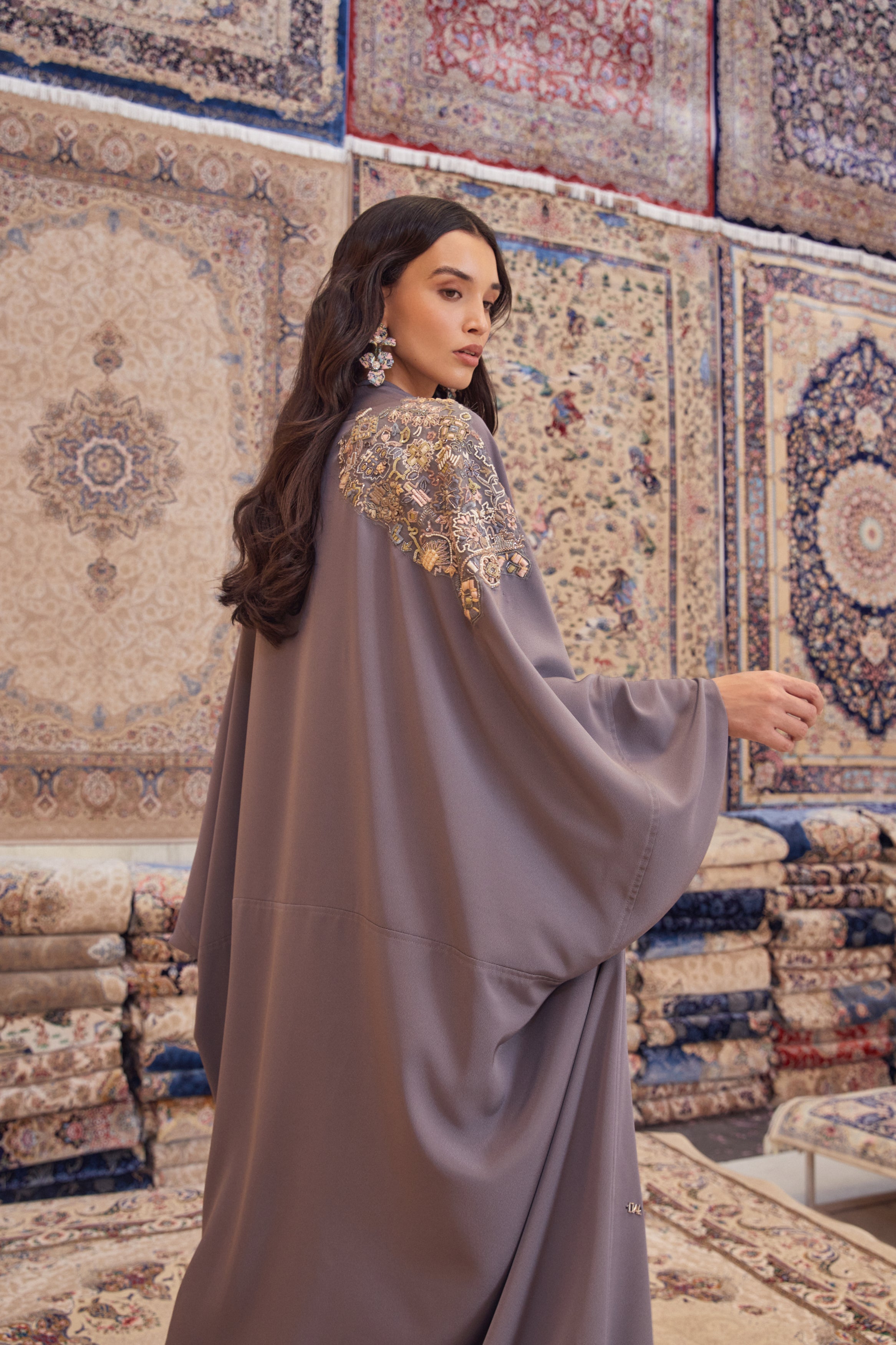 Gray Silk Crepe Poncho Abaya with Shoulder Embroidery
