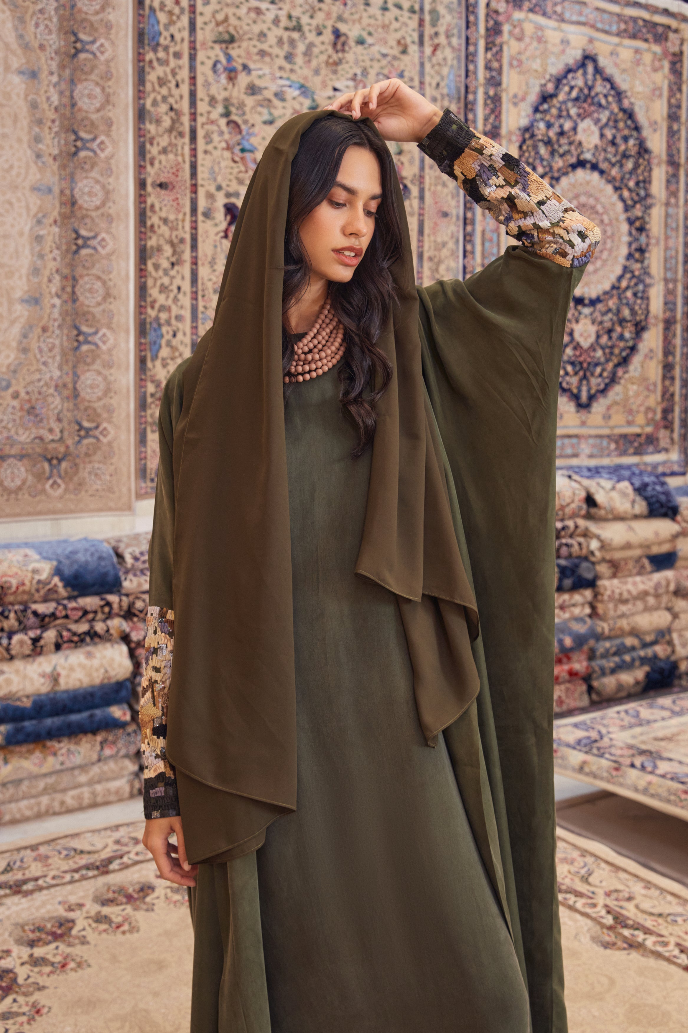 Olive Washed Silk with Hand Embroidered Sleeves