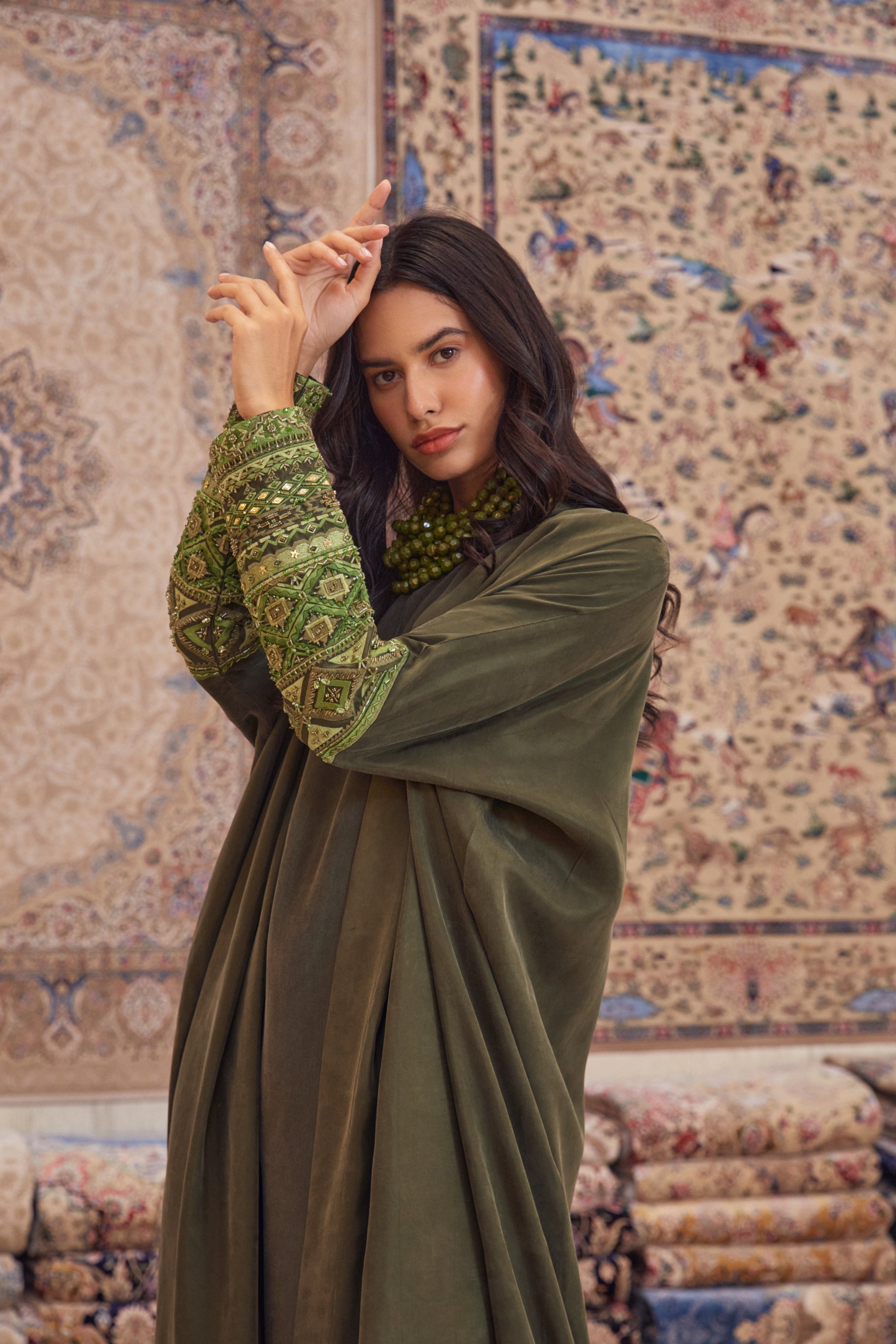 Olive Washed Silk with Olive Hand Embroidered Sleeves
