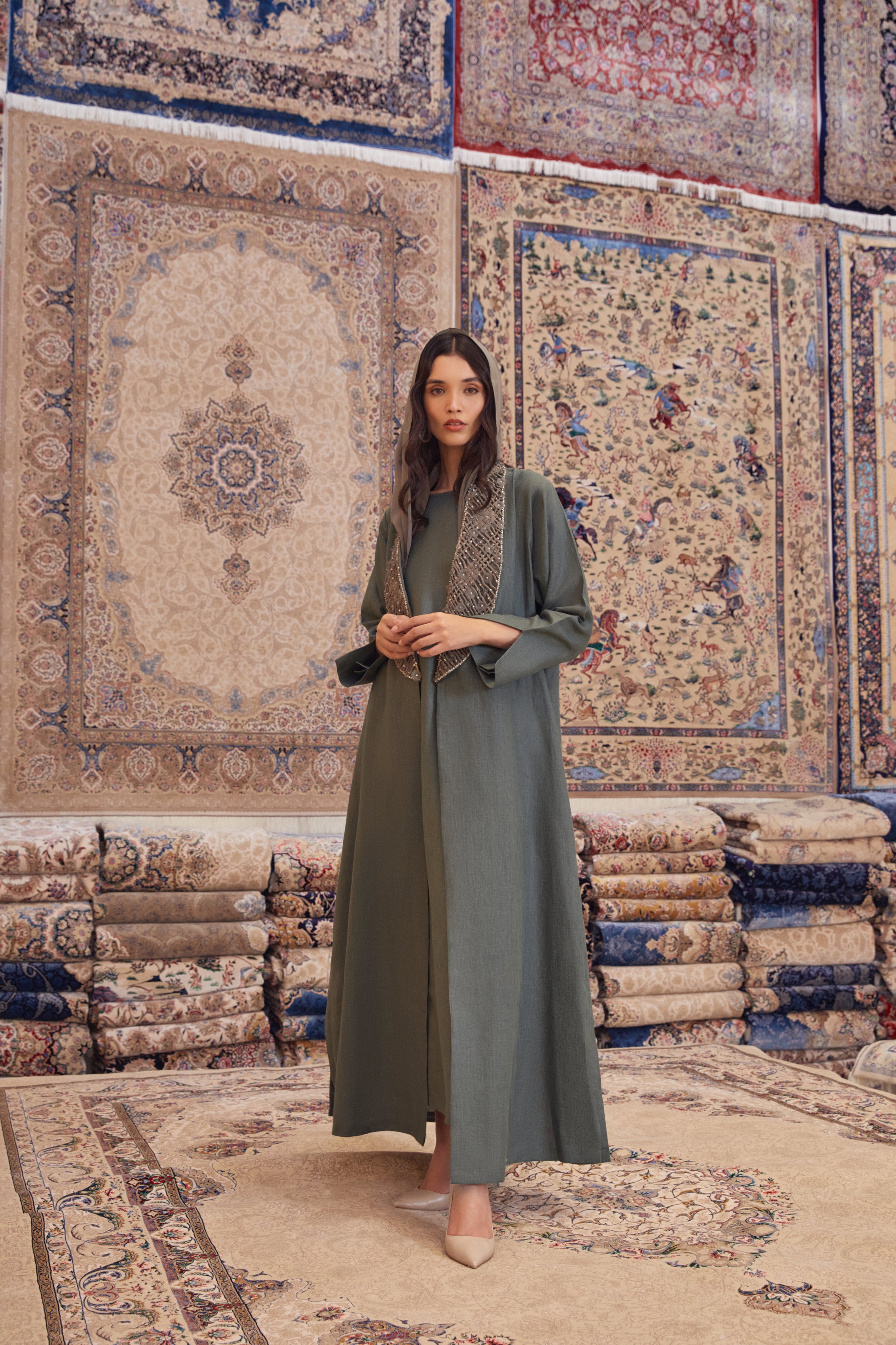 Army Green Linen Abaya with Hand Embroidered Collar