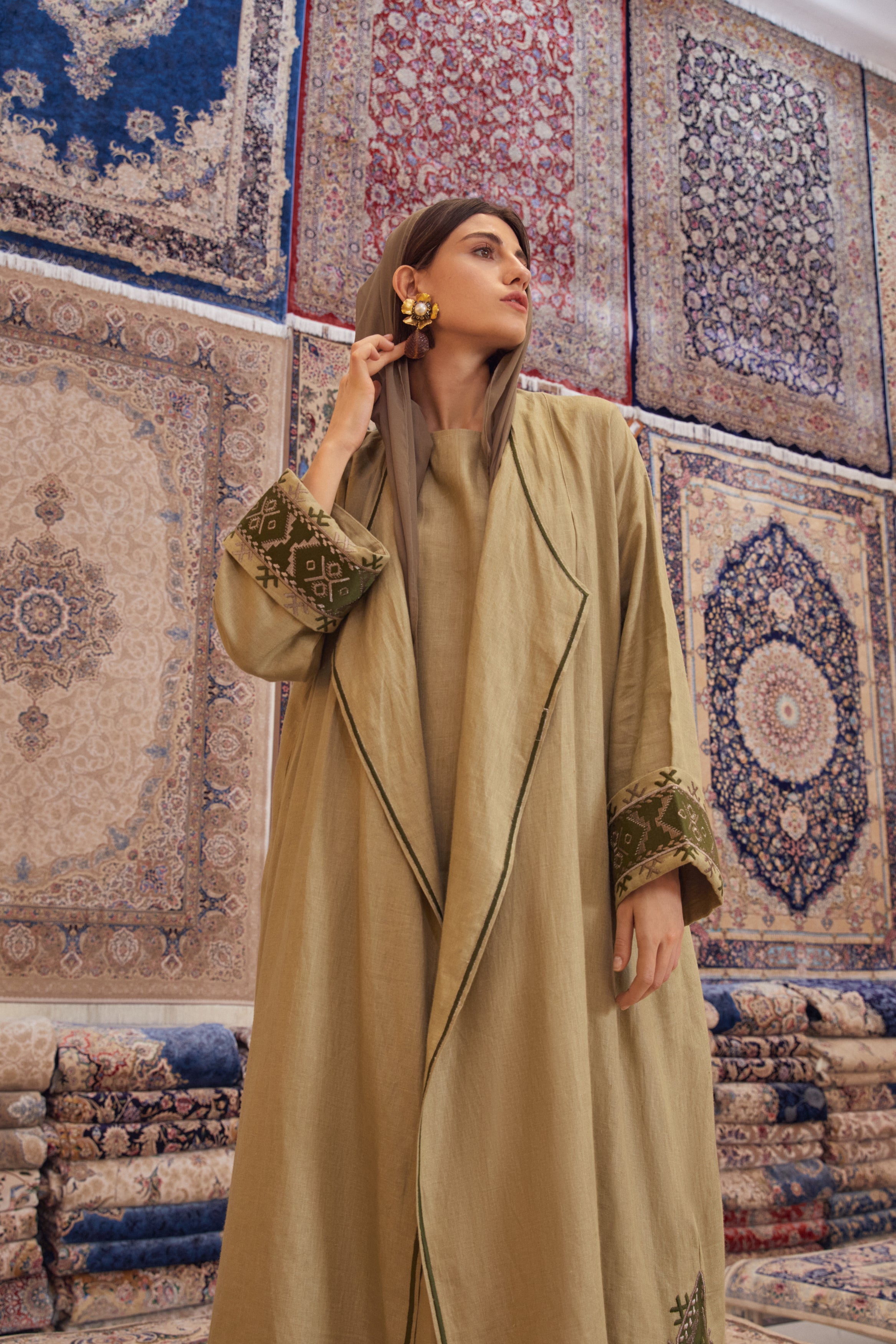 T-Length Olive Green Embroidered Abaya
