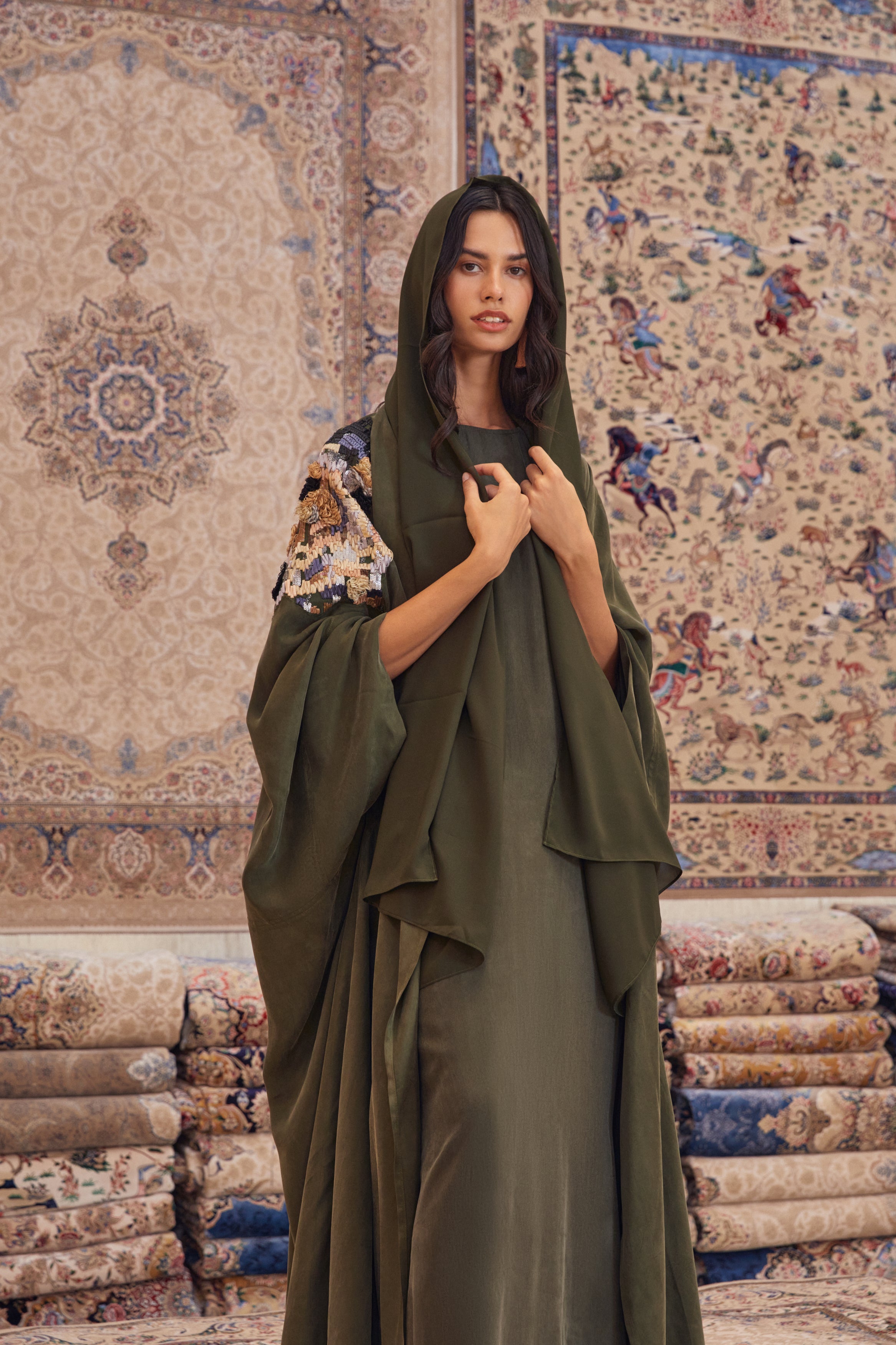 Olive Washed Silk Poncho with Shoulder Embroidery