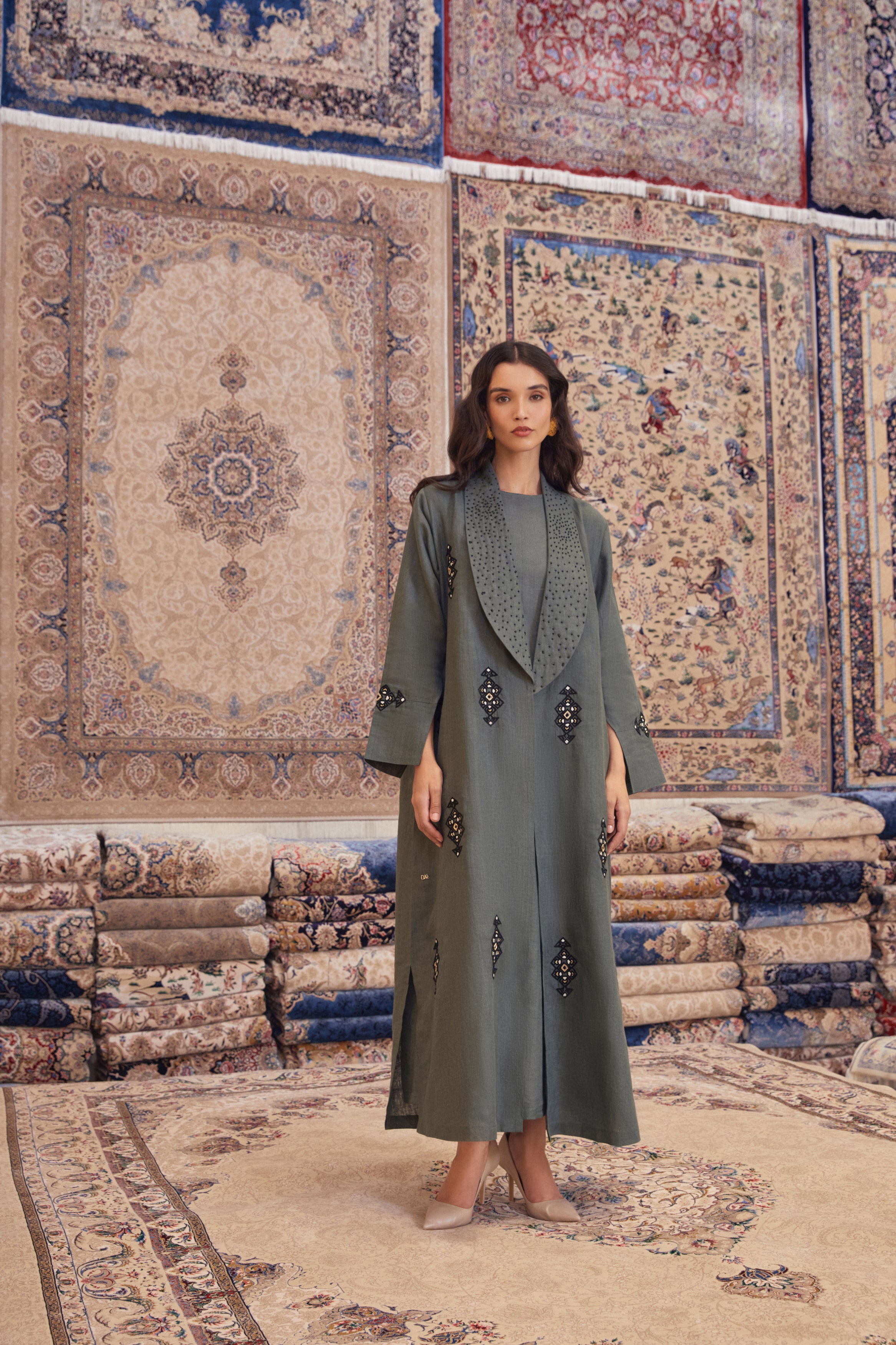 Army Green Linen Abaya with Tribal Hand Embroidery