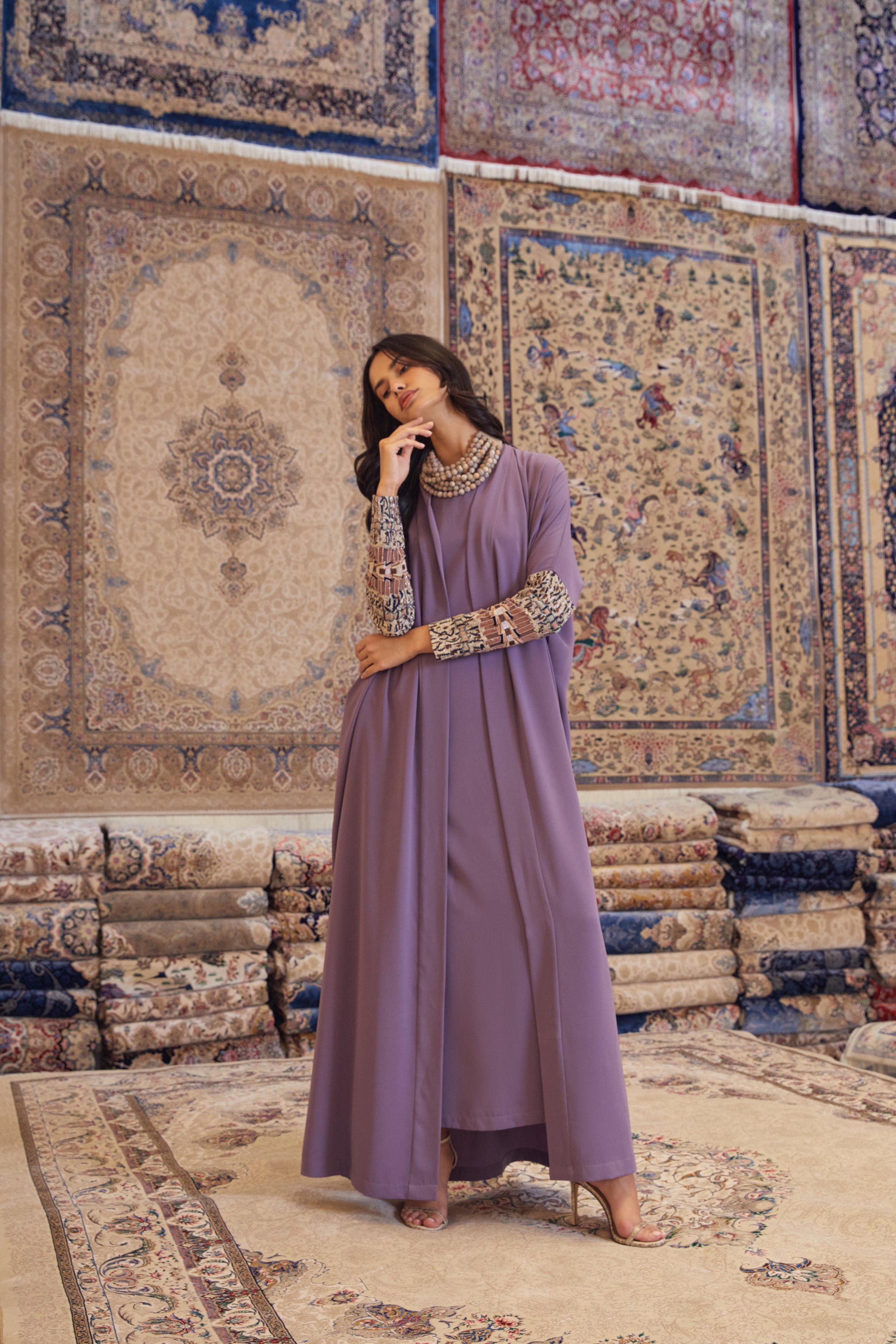 Purple Crepe Abaya with Hand Embroidered Sleeves