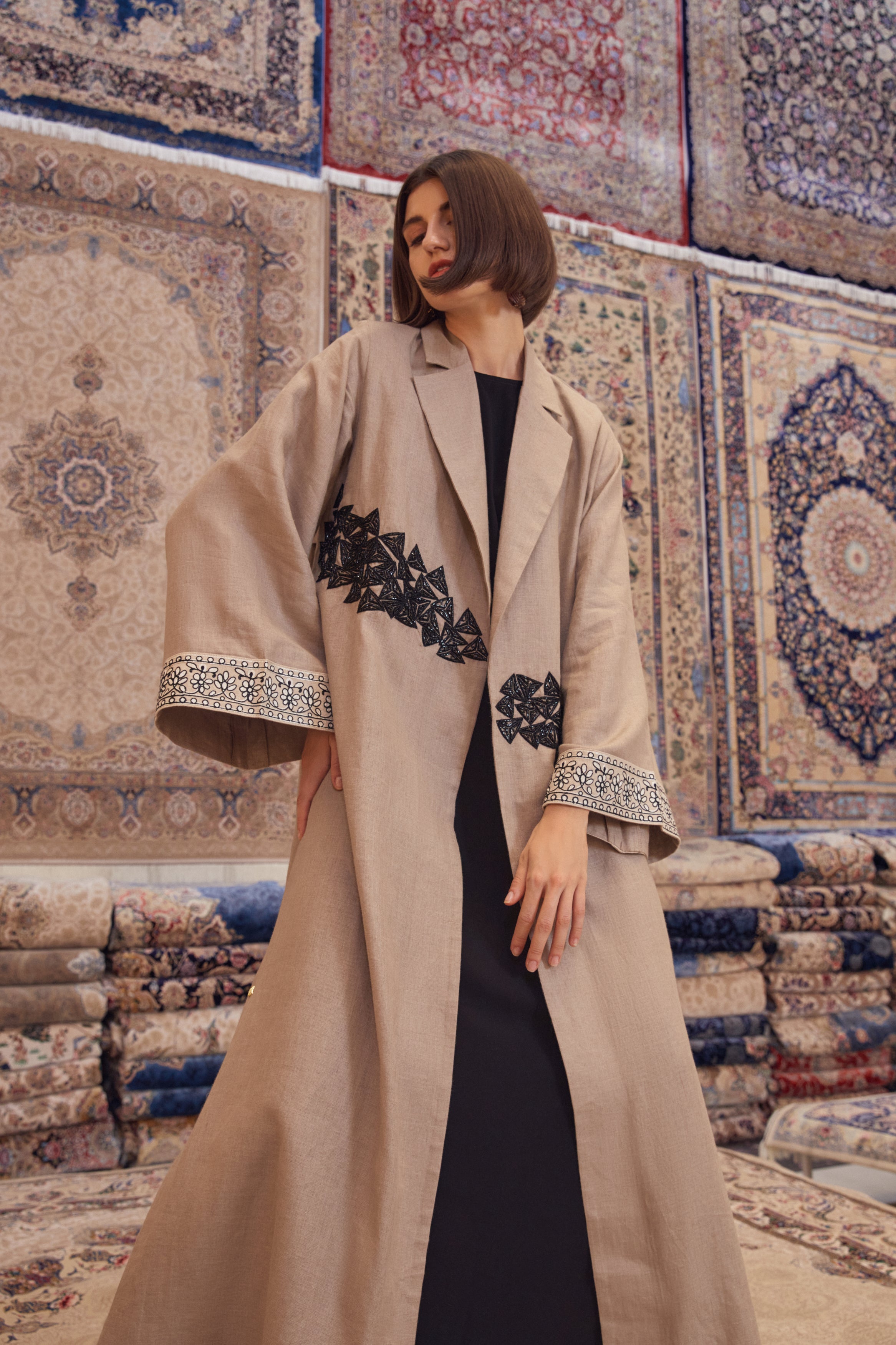 Latte Linen Coat Abaya with Hand Embroidery
