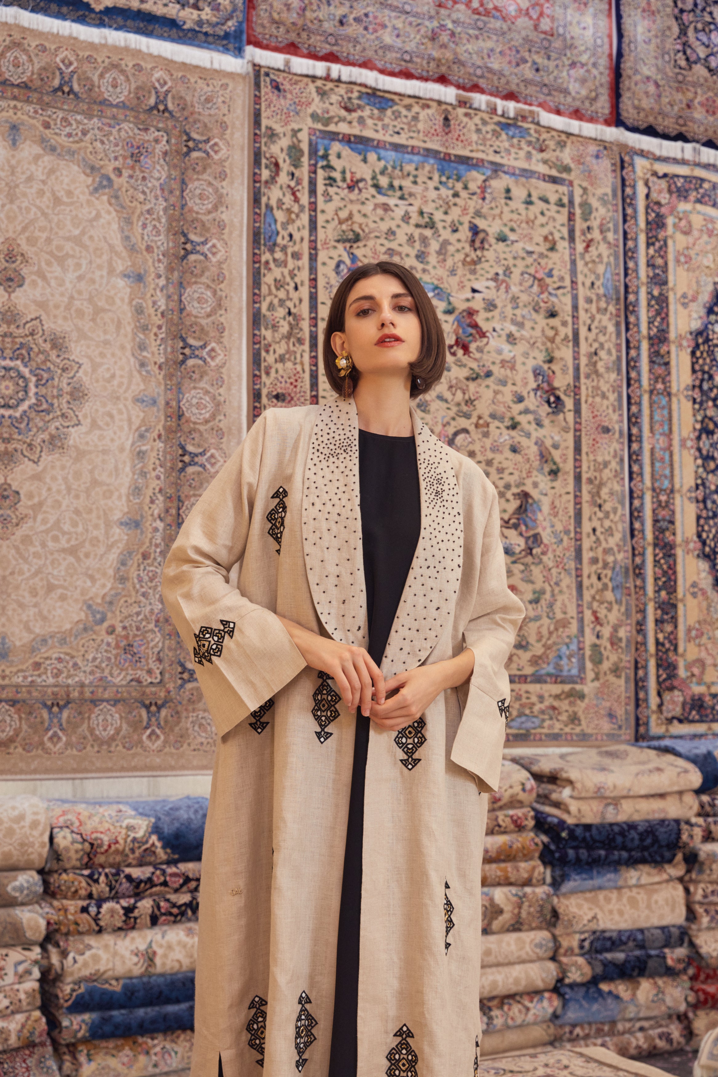 Beige Linen Abaya with Tribal Hand Embroidery