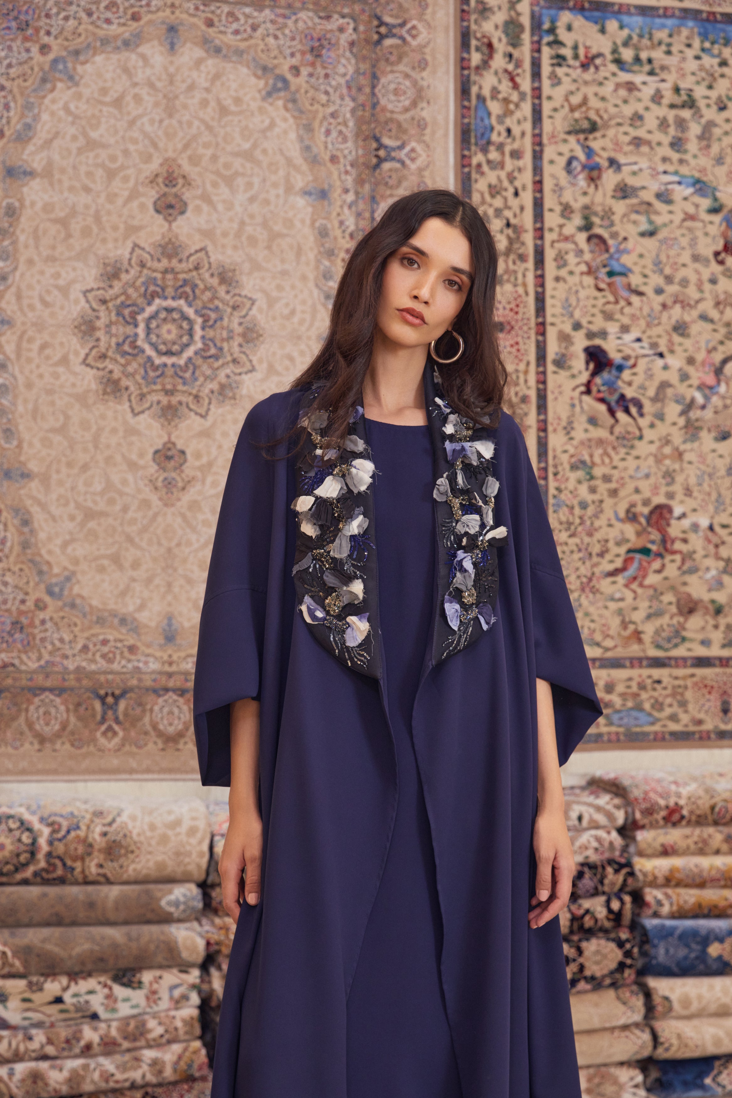 Navy Crepe Poncho with Hand Embroidered Collar