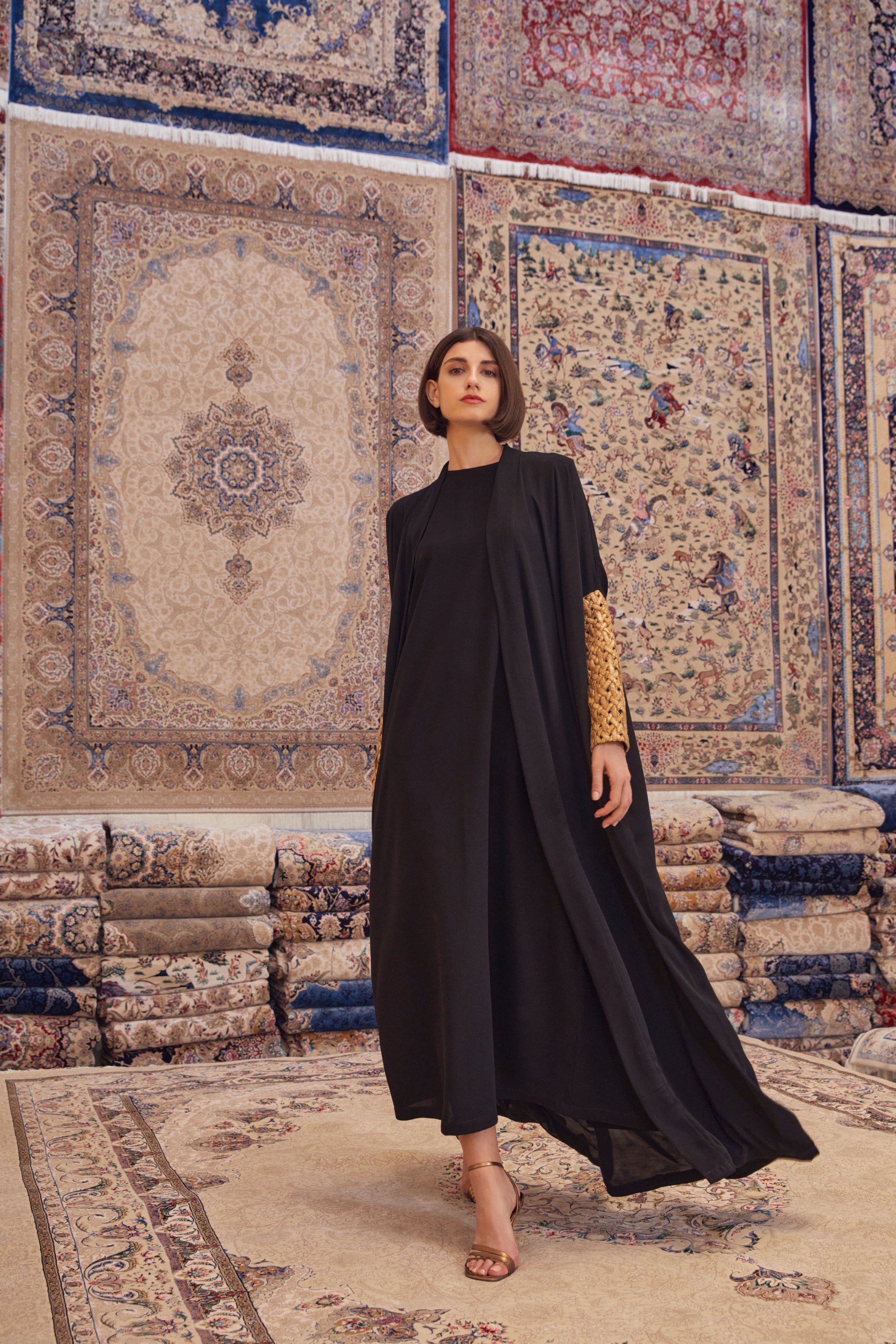 Black Crepe Abaya with Hand Embroidered Sleeves