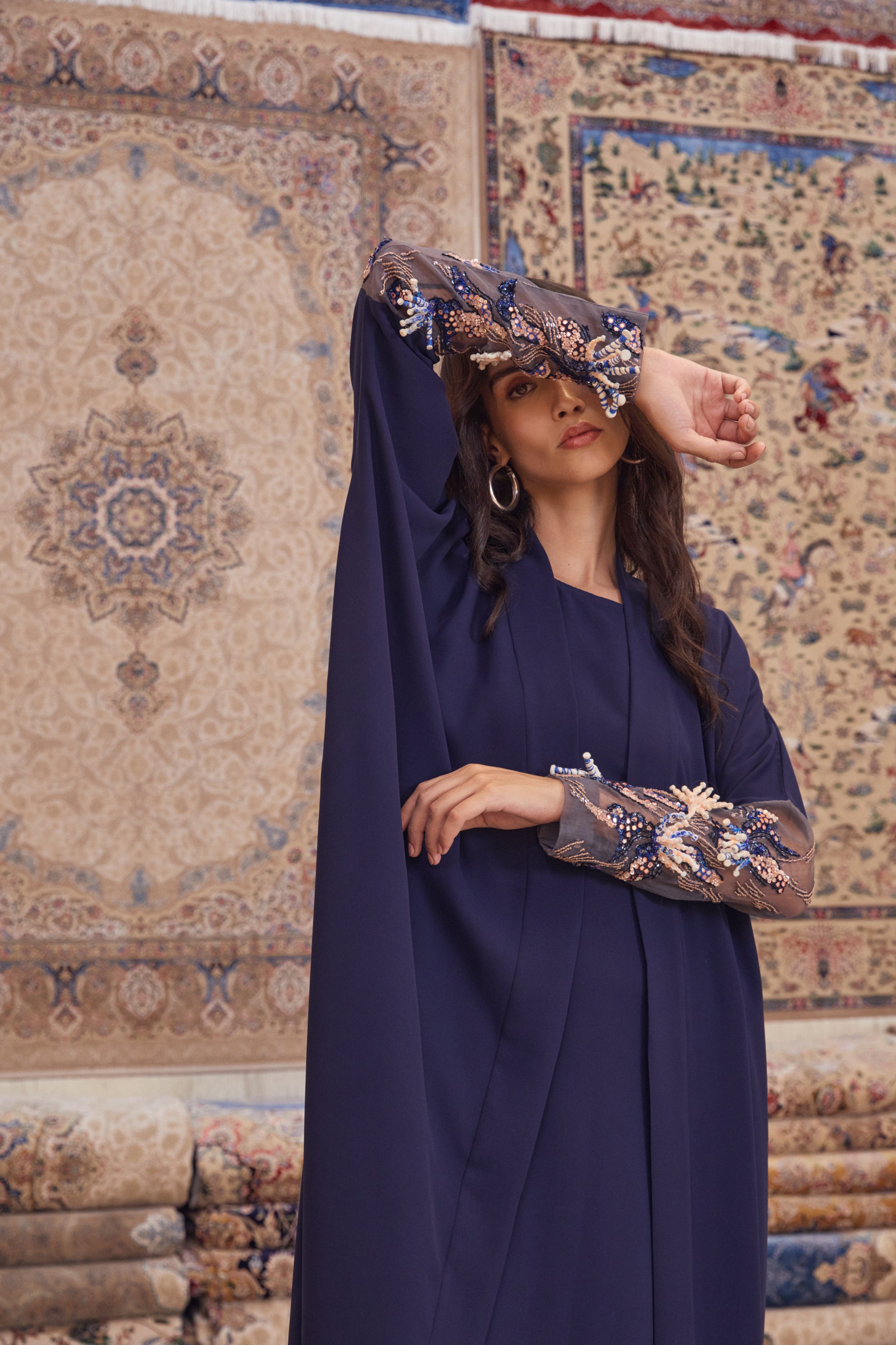Navy Crepe Abaya with Hand Embroidered Sleeves