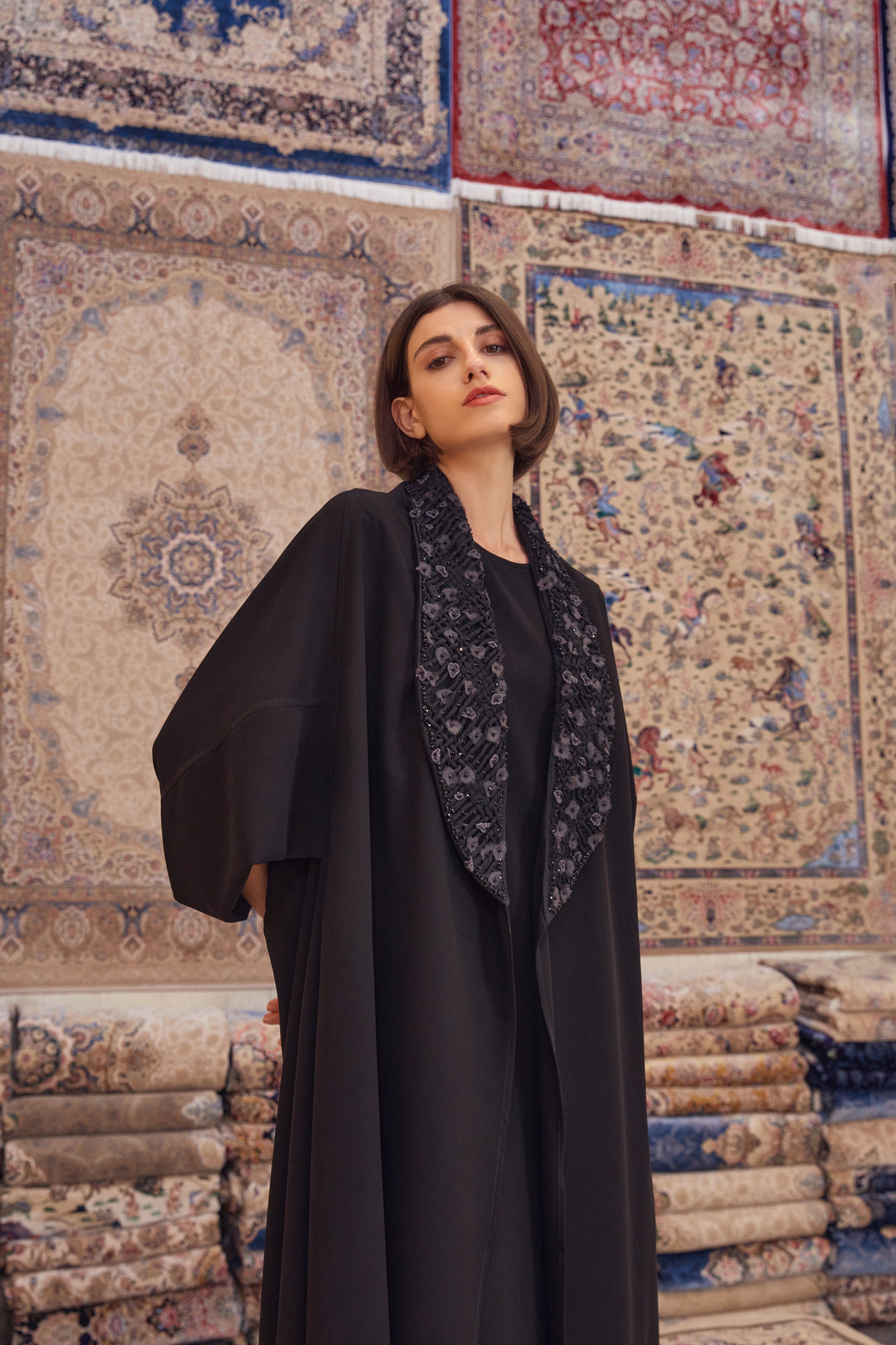 Black Poncho with Hand Embroidered Floral Collar