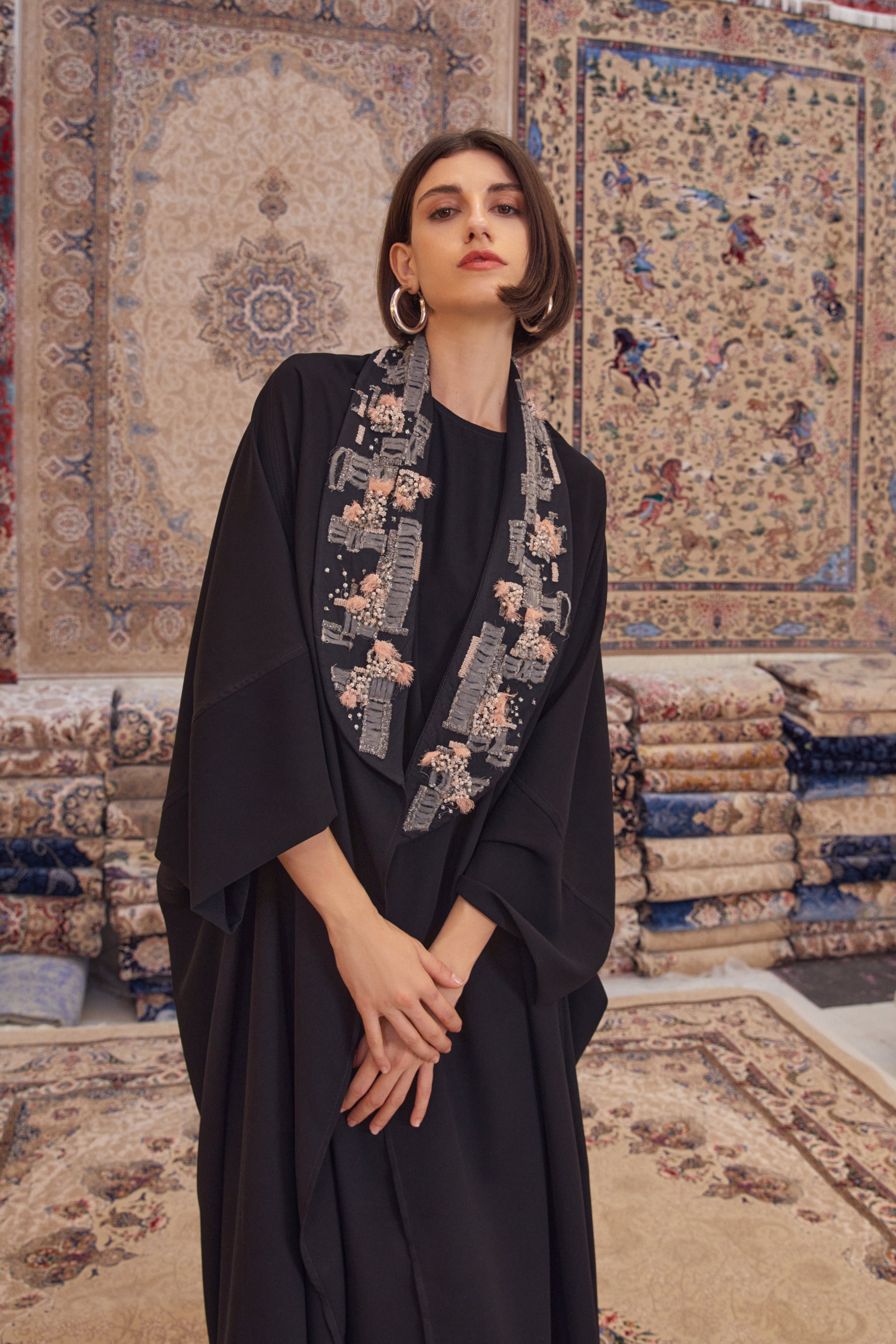 Black Poncho with Hand Embroidered Collar