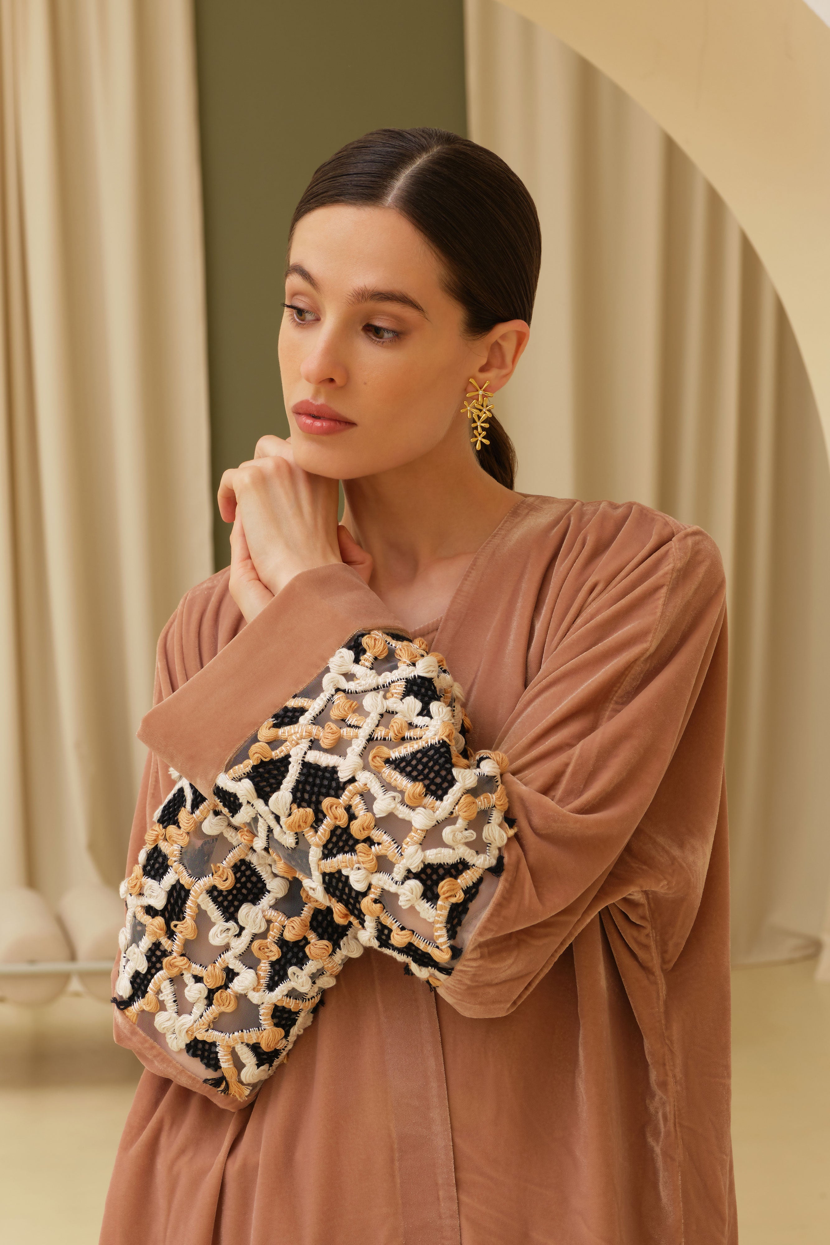 Dark Nude Velvet with Hand Embroidery Sleeves