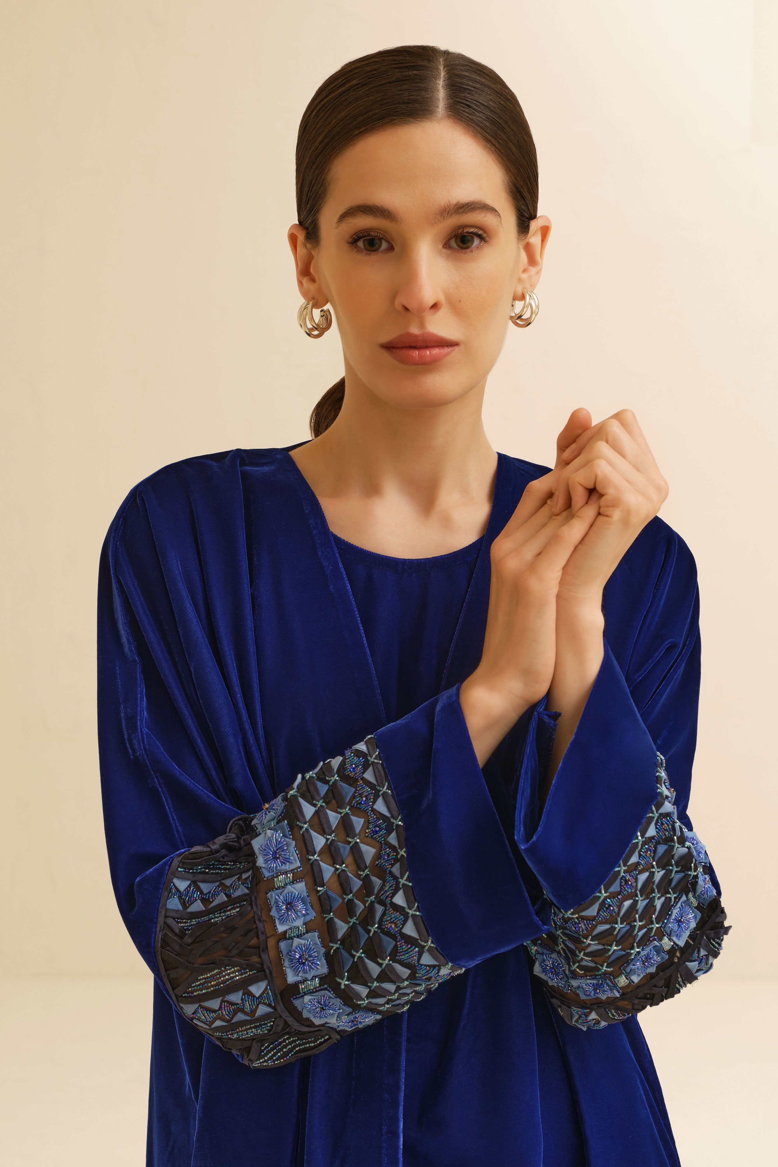 Royal Blue Velvet with Hand Embroidery Sleeves