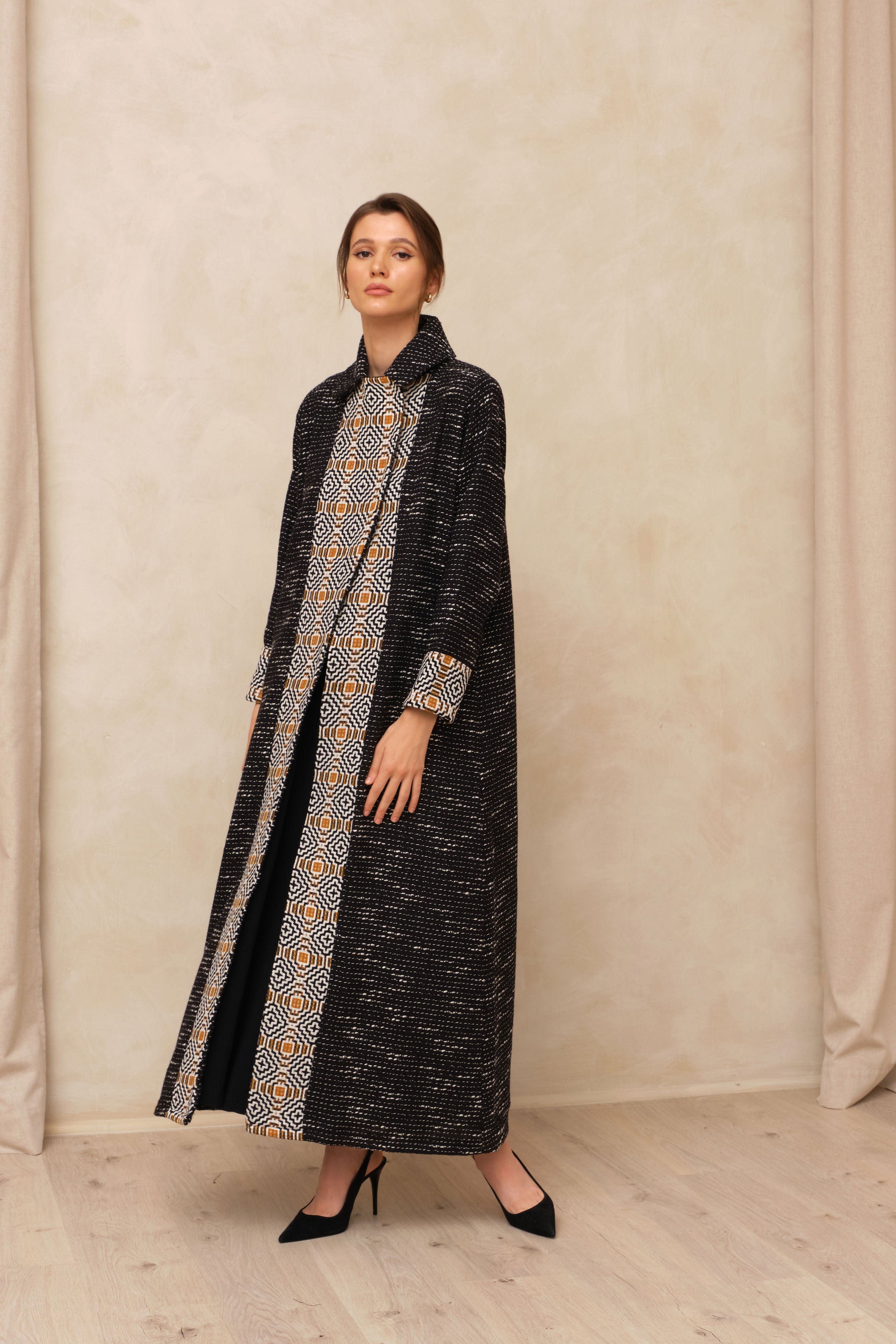 Monochrome Tweed Coat with Geometric Front Panel