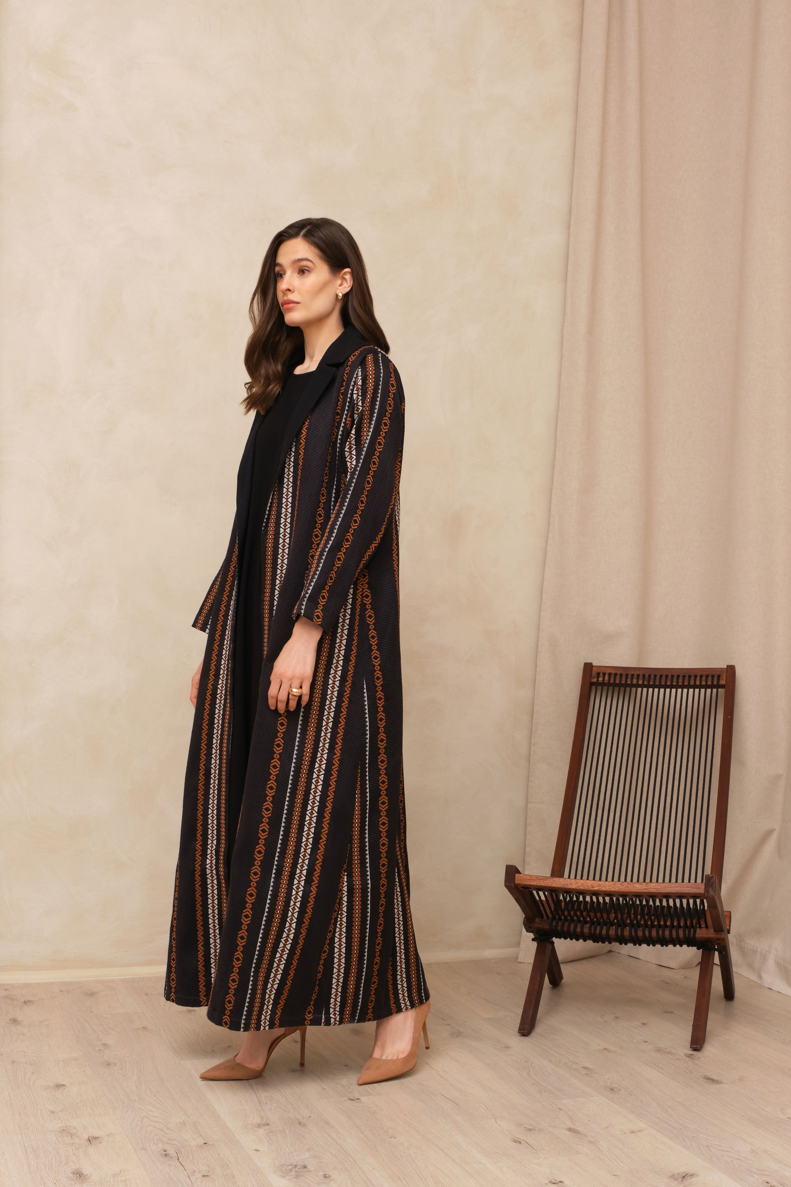 Caramel Striped Wool Coat Abaya