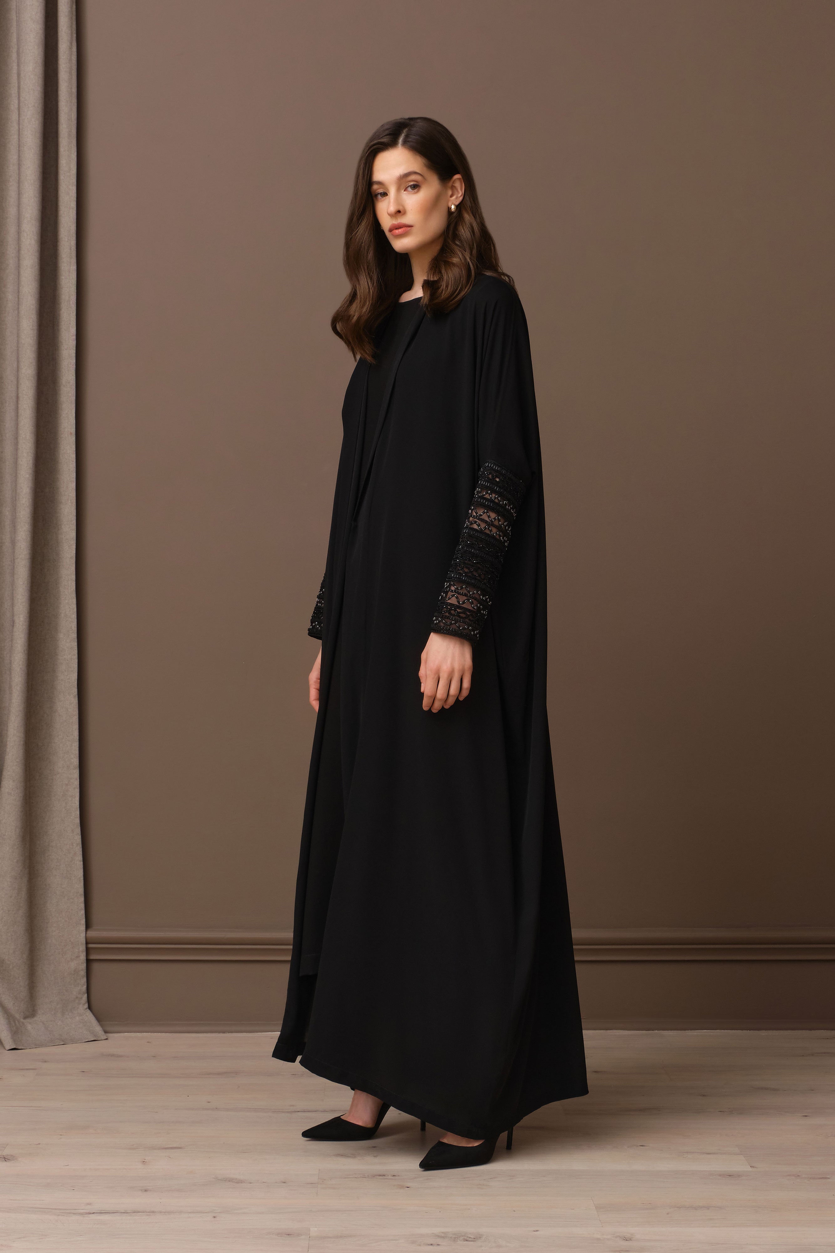 Black Crepe Abaya with Hand Embroidered Sleeves