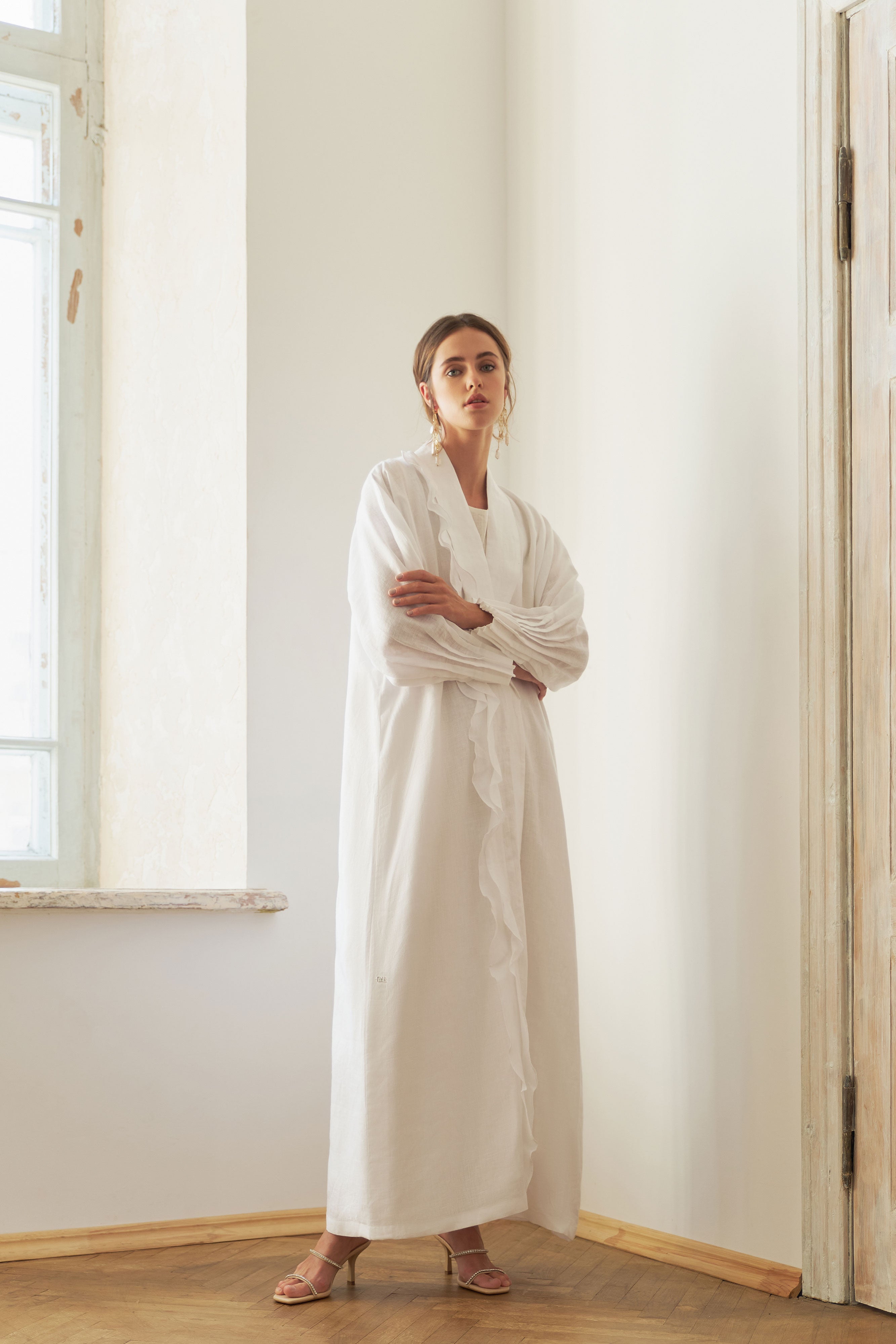 Off White Linen with Side Ruffle Abaya