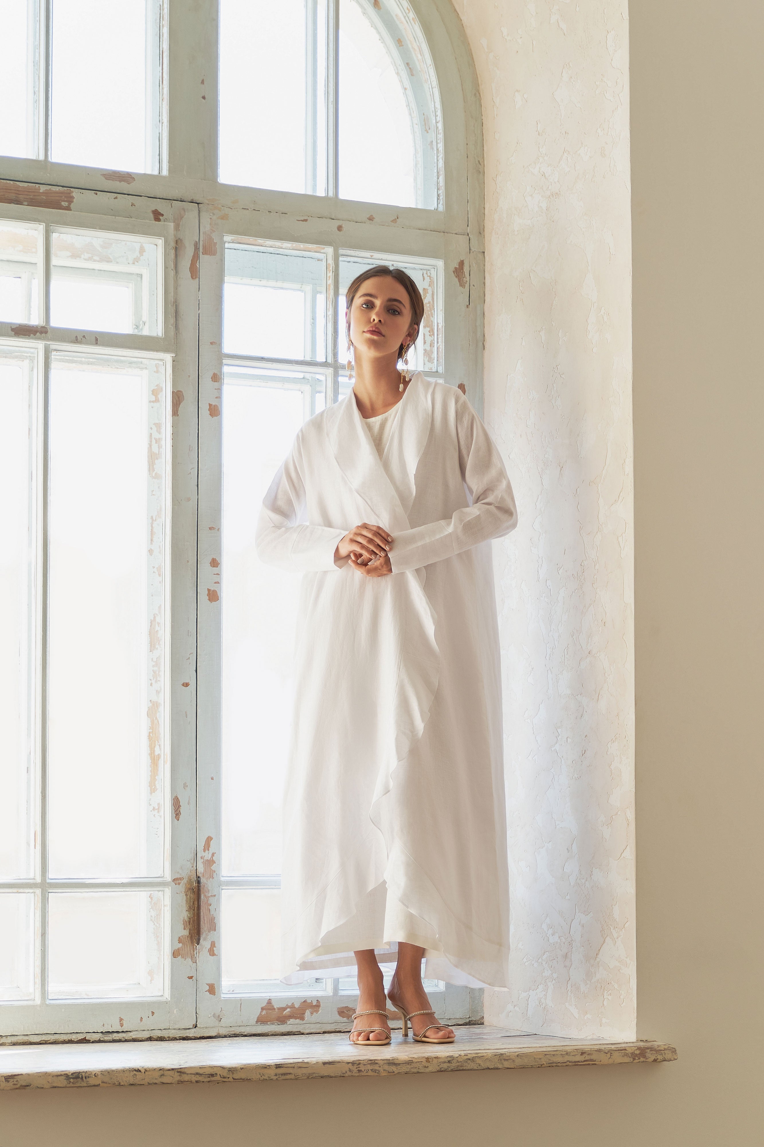 Off White Linen Cardigan Set