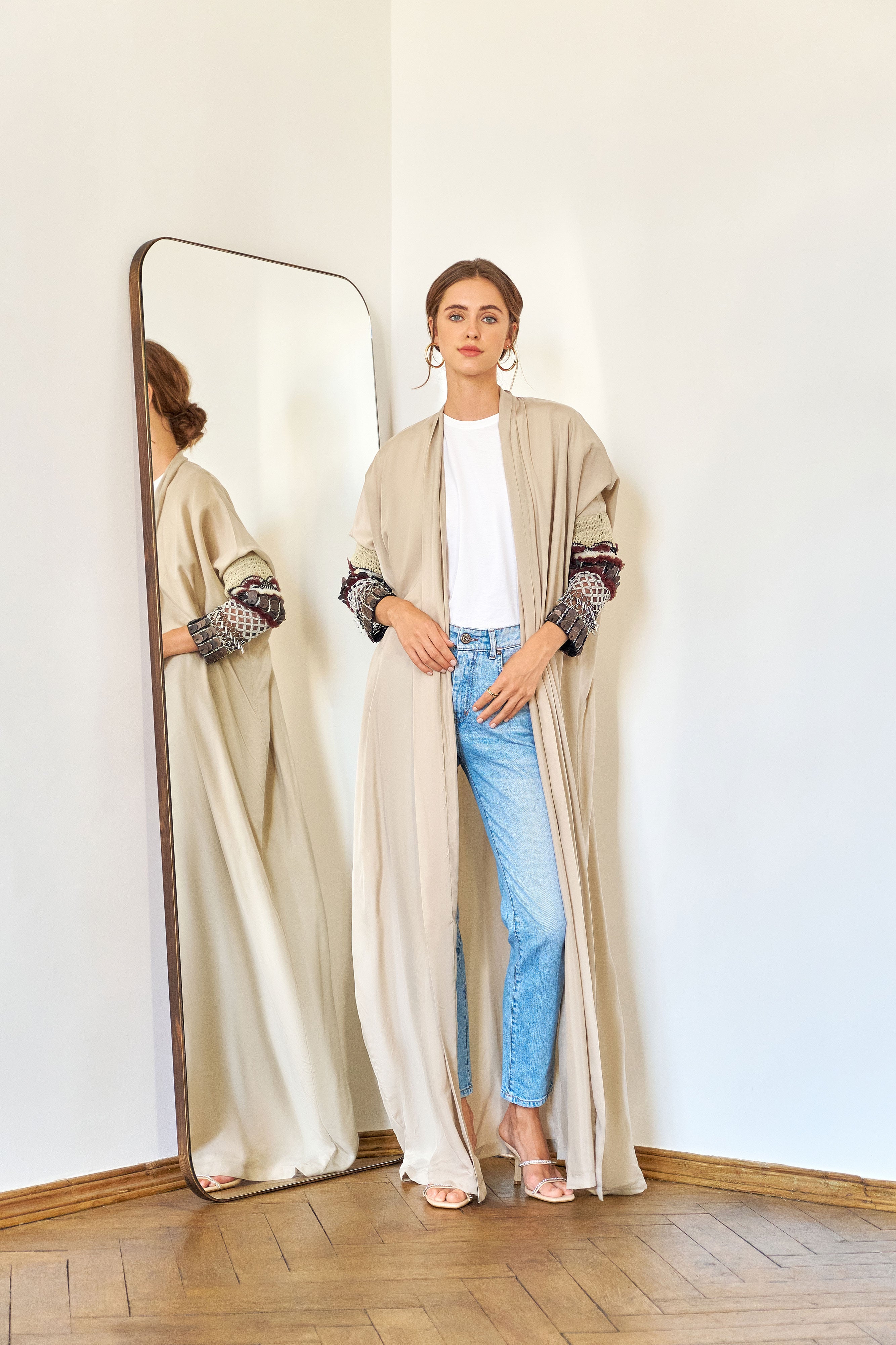 Beige Washed Silk with Neutral Hand Embroidery Sleeves Abaya