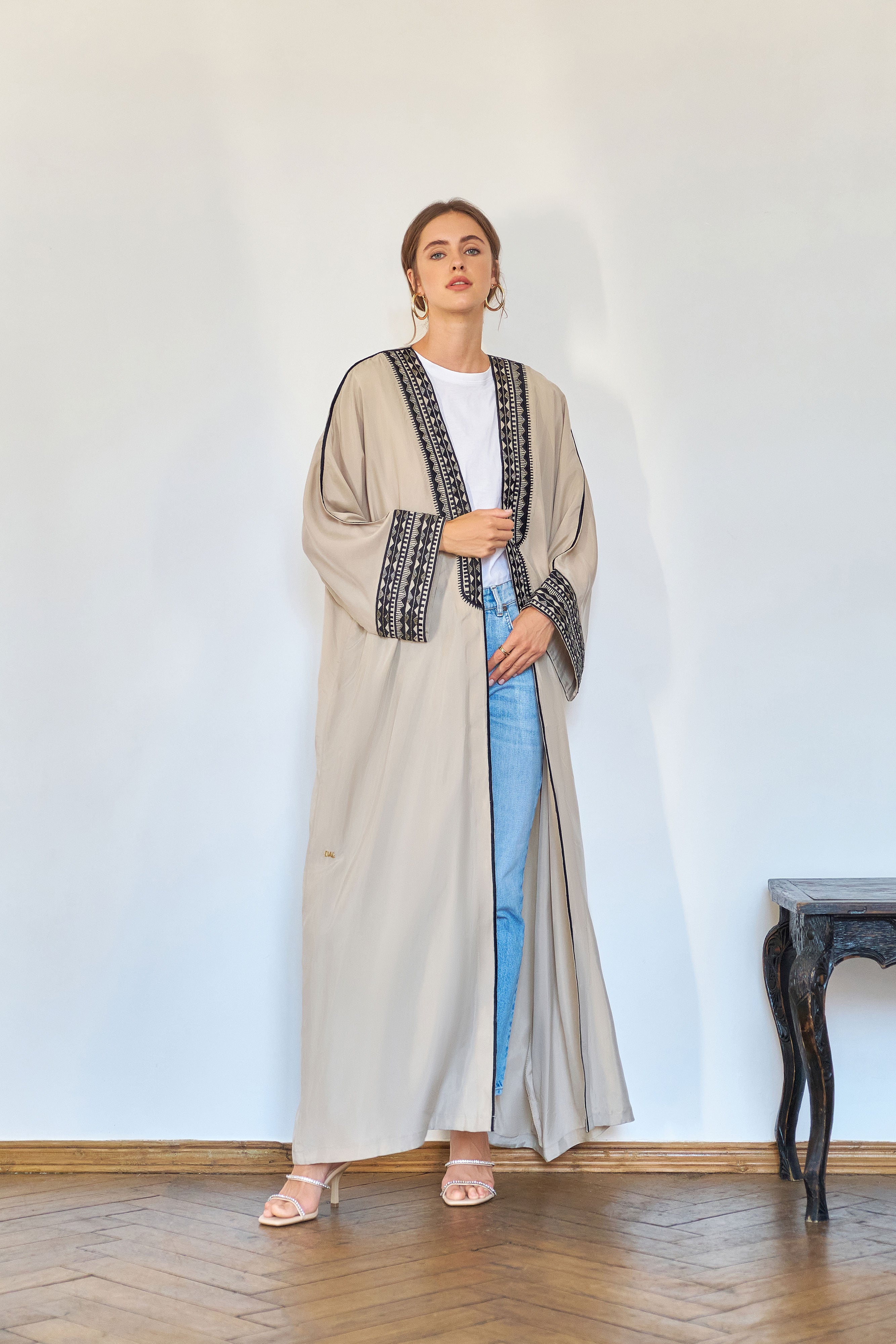 Beige Washed Silk with Hand Embroidery Abaya