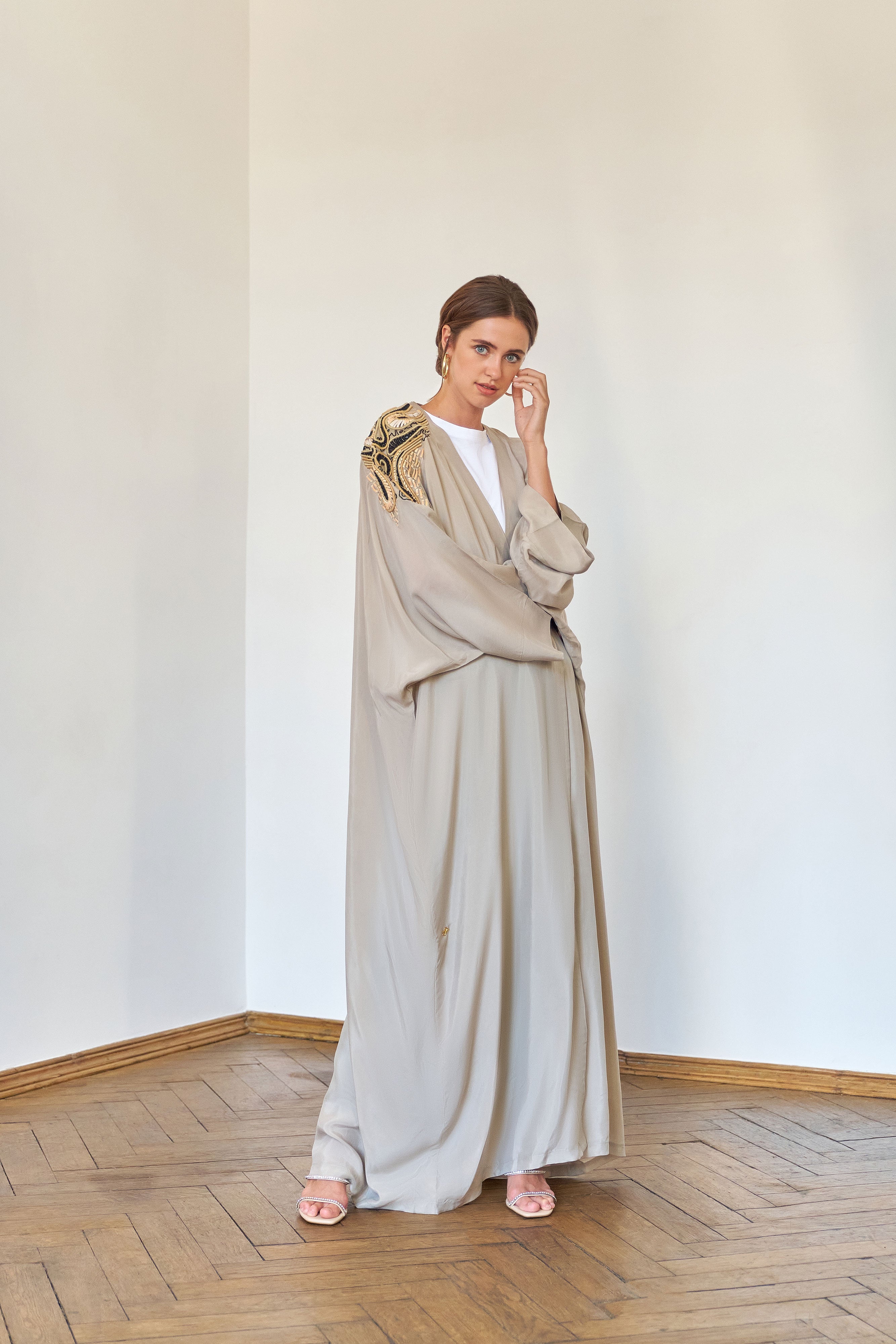 Beige Washed Silk with Cord Shoulder Embroidery