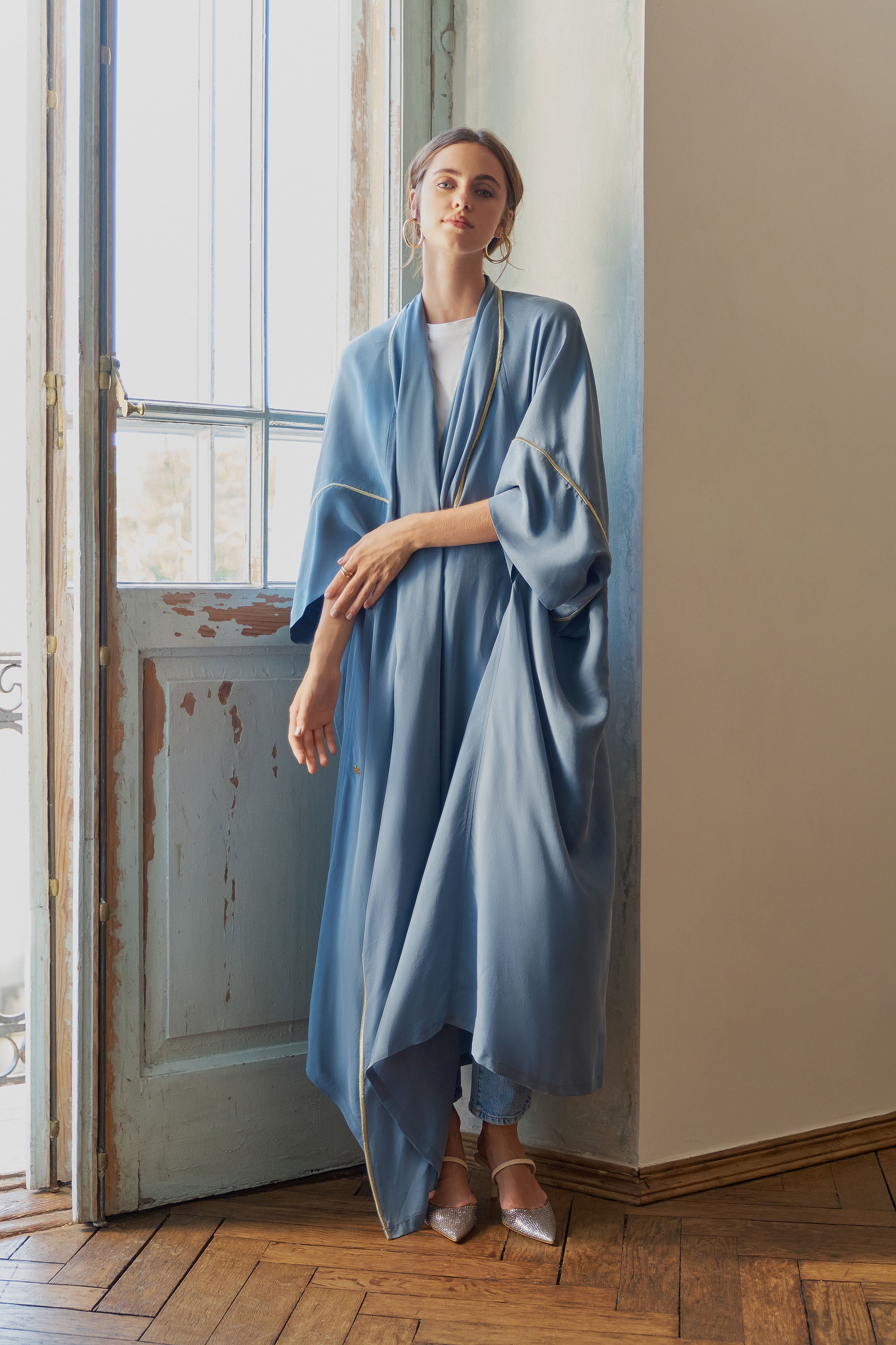 Baby Blue Washed Silk Embroidered Poncho