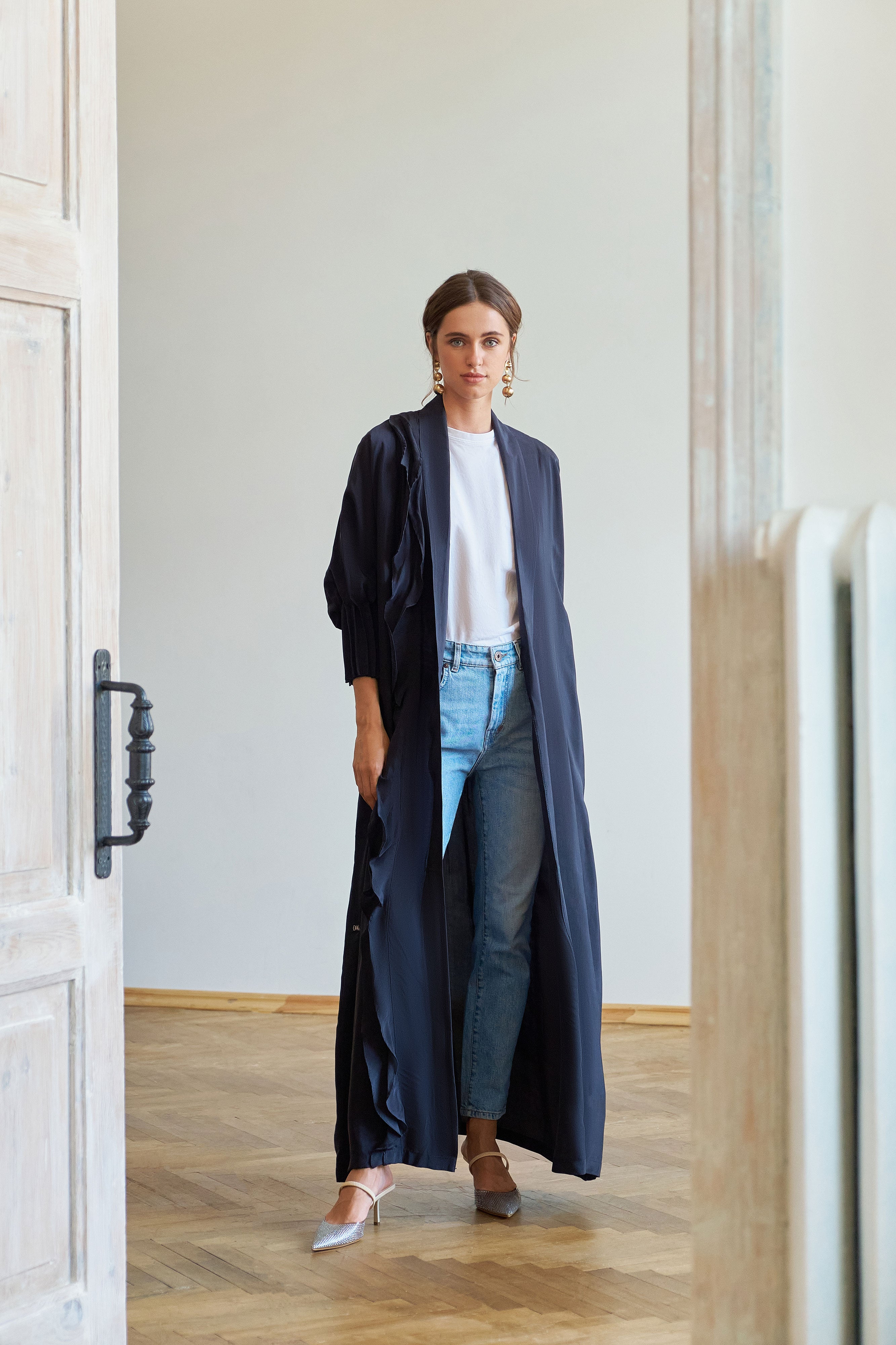 Dark Navy Washed Silk with Side Ruffle Abaya