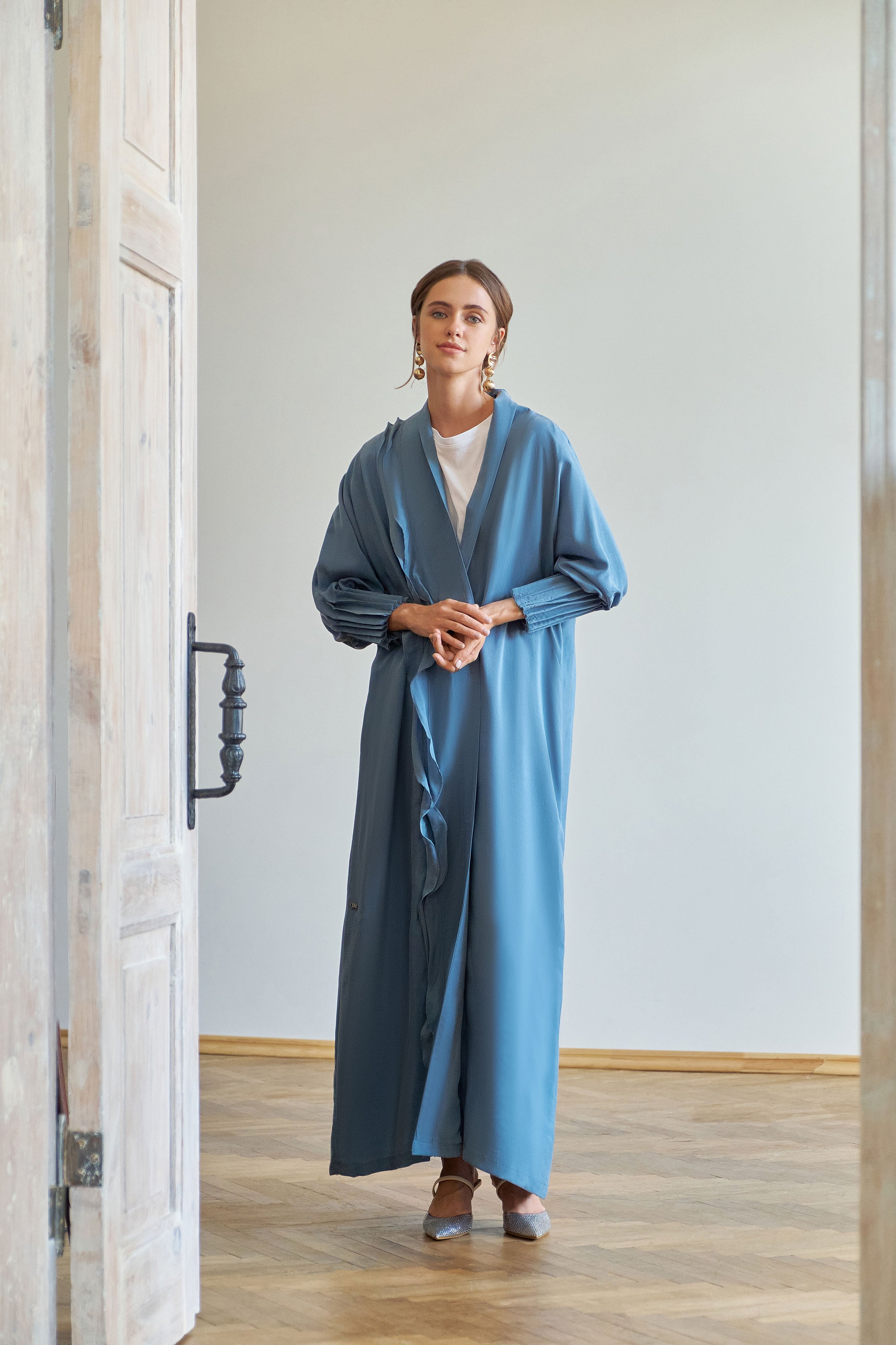 Baby Blue Washed Silk with Side Ruffle Abaya