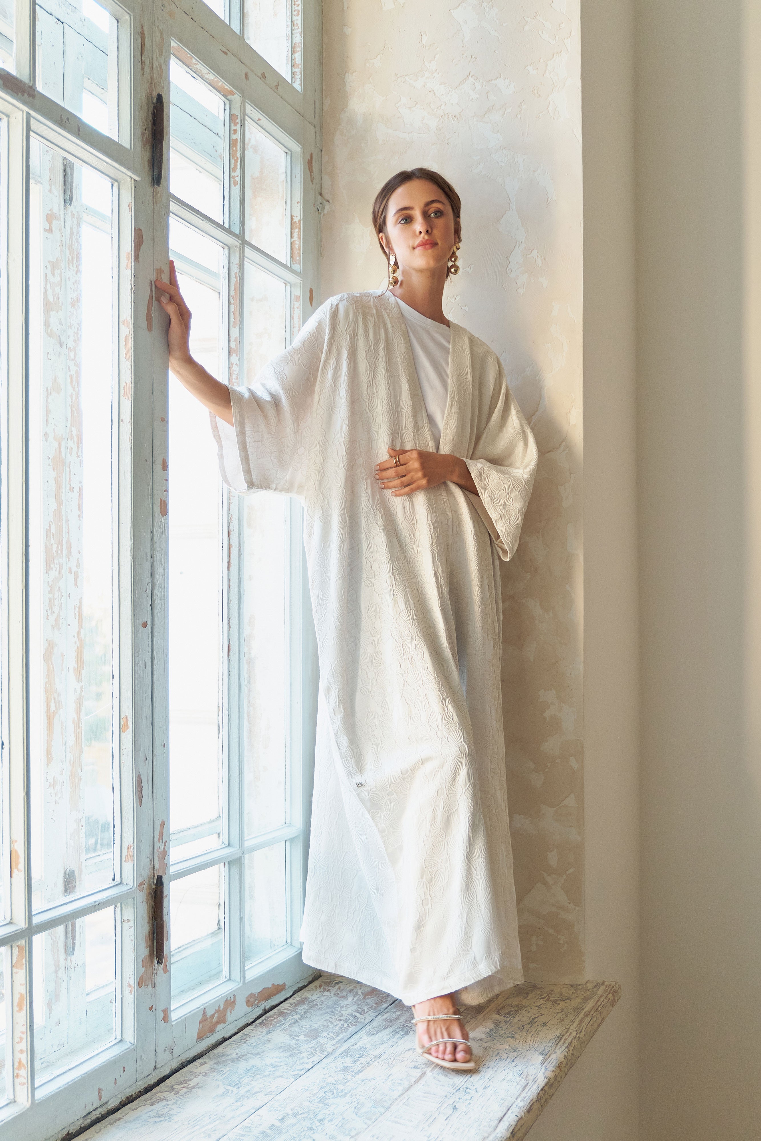 Off White French Floral Brocade Abaya