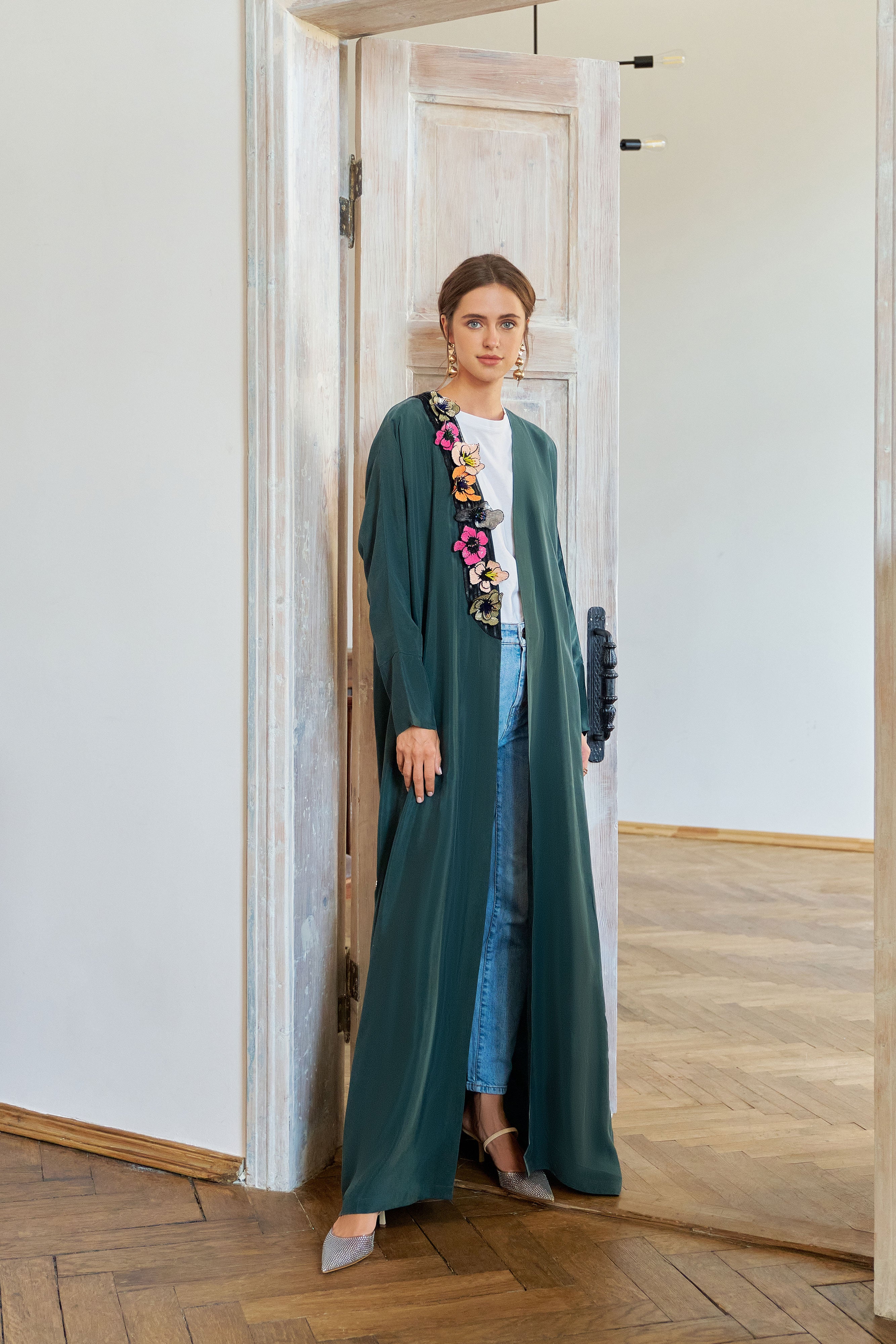 Emerald Green Washed Silk with 3D Floral Embroidery