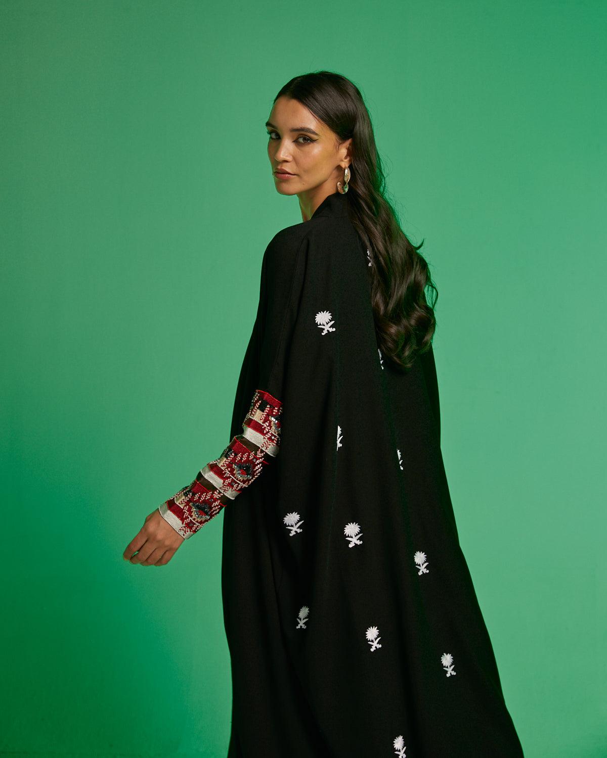 Black Crepe with Tribal Sleeve and Back Embroidery