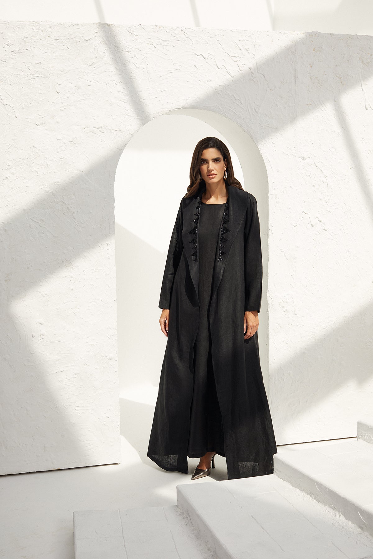 Black Linen Coat with Hand Embroidery Details