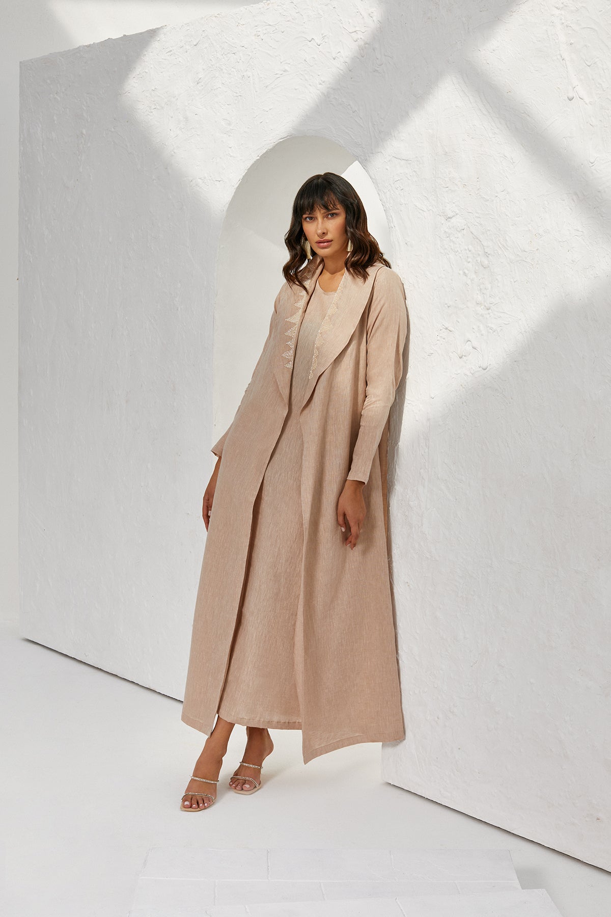 Nude Linen Coat with Hand Embroidery Details